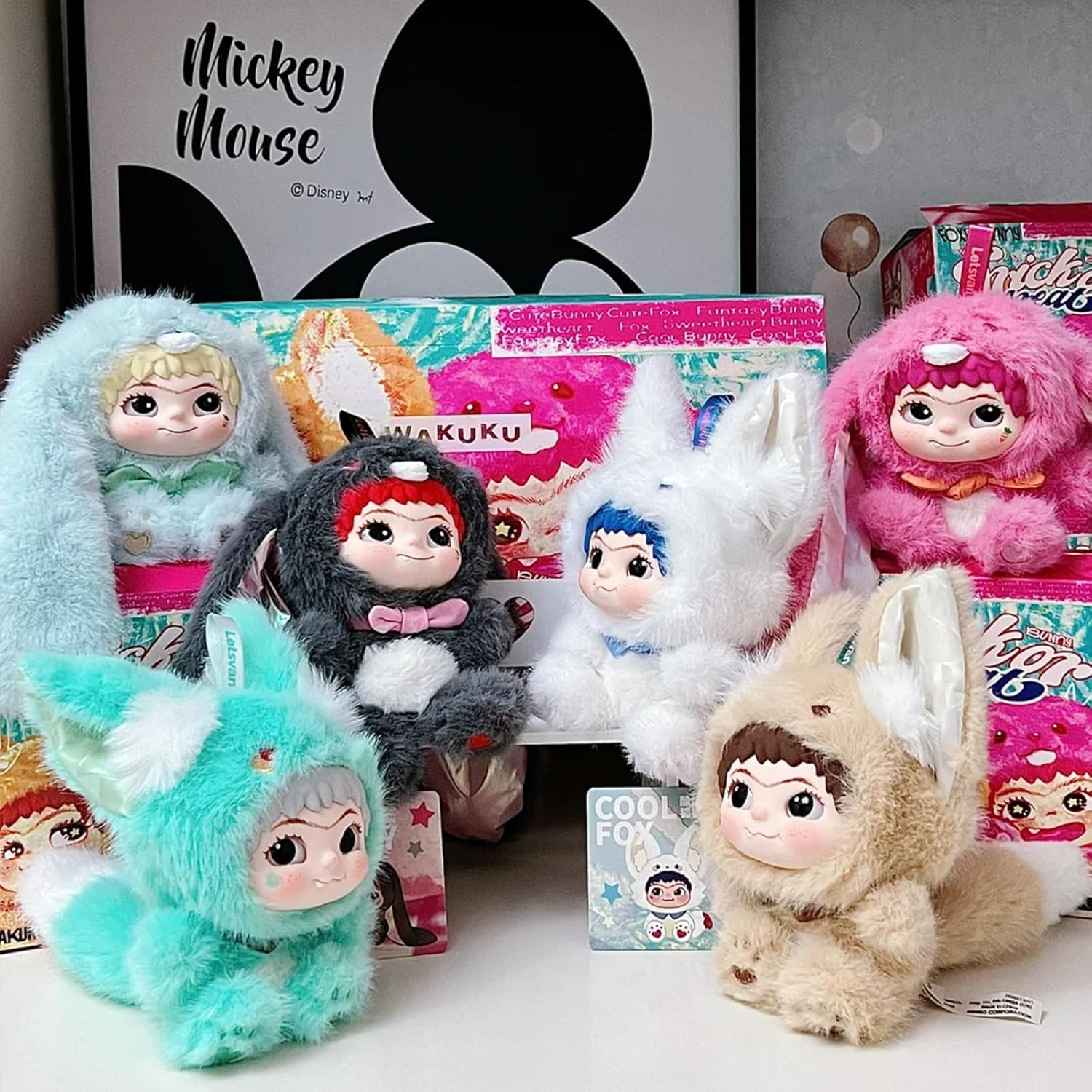 CALEMBOU Plush Blind Box Whole Set, WAKUKU Fox&Rabbit Series Stuffed Toy, Kawaii Mystery Vinyl Plush Keychain Collectible for Birthday Gift Unrepeated