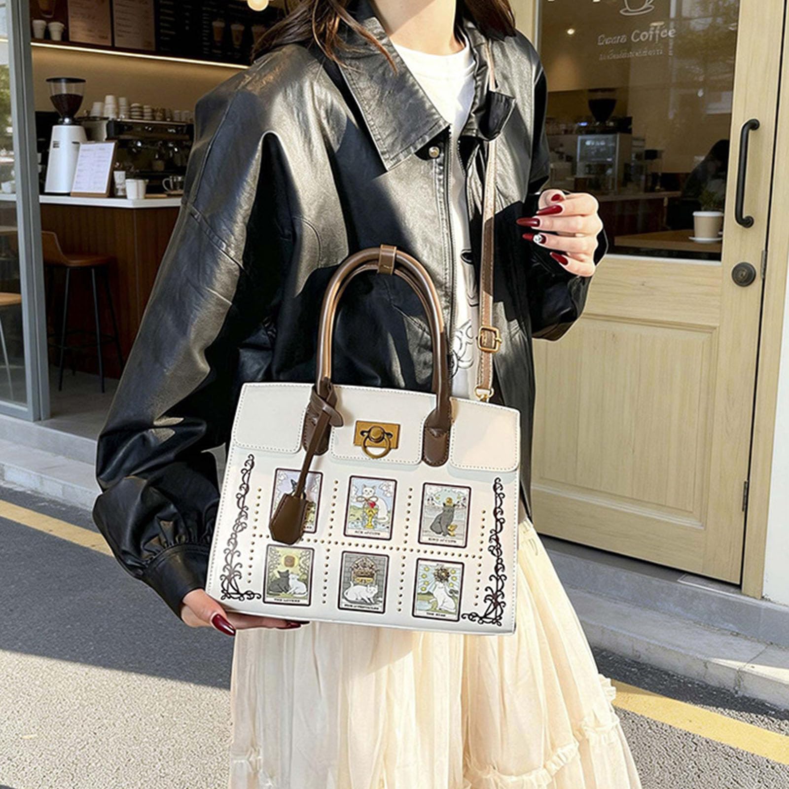 Borsa con ricamo creatura con tracolla regolabile e tasche multiple per borsa da donna dal design alla con gatti