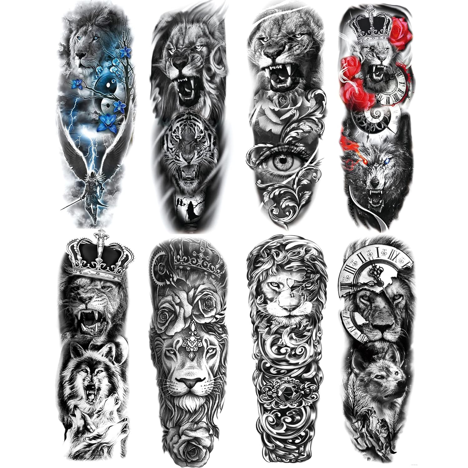 Amazon Com Lion Tattoos Sleeve 8 Sheet Large Lion Full Arm Sleeve Tattoos Fake Lion Sleeve Men Tattoos Body Art Propos For Halloween Parties Makeup Beauty Personal Care