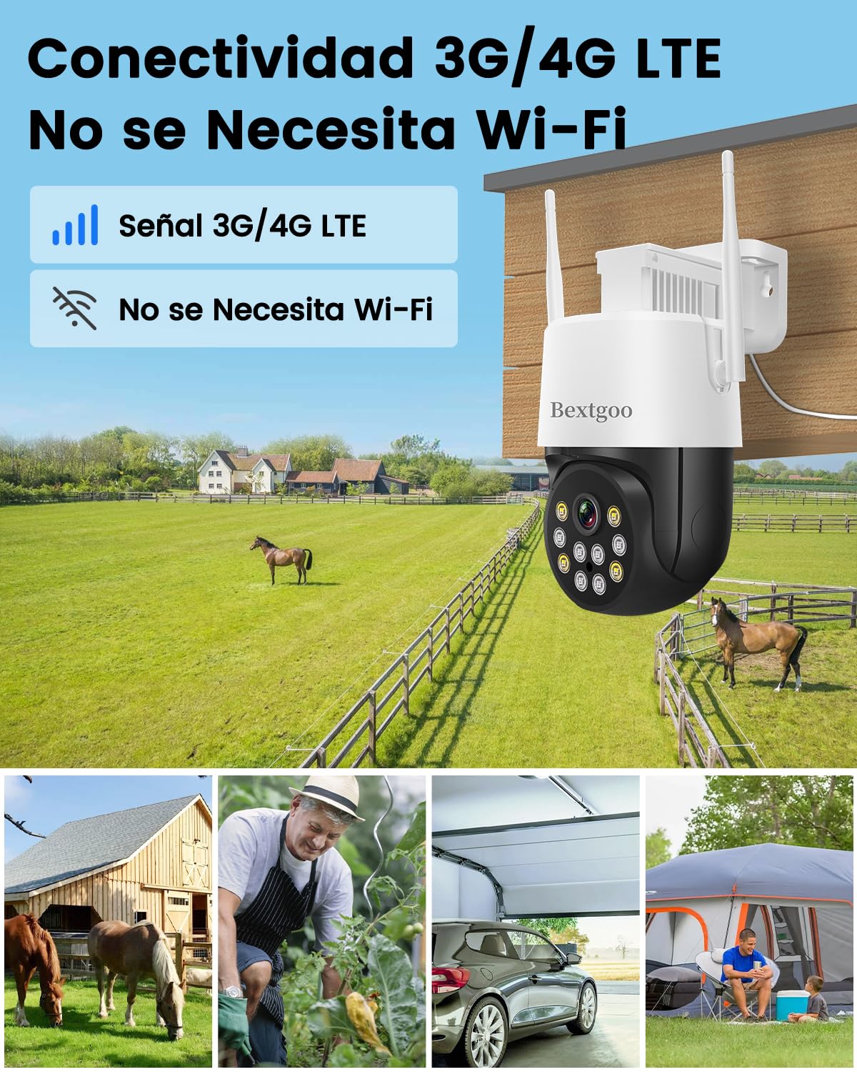 Bextgoo Camara Vigilancia SIM, 4MP 4G LTE Videovigilancia sin Internet con Tarjeta SIM, 24/7 Camara 4G sin WiFi, 360° Seguimiento Automático, Detección Movimiento AI, Visión Nocturna Color, IP66