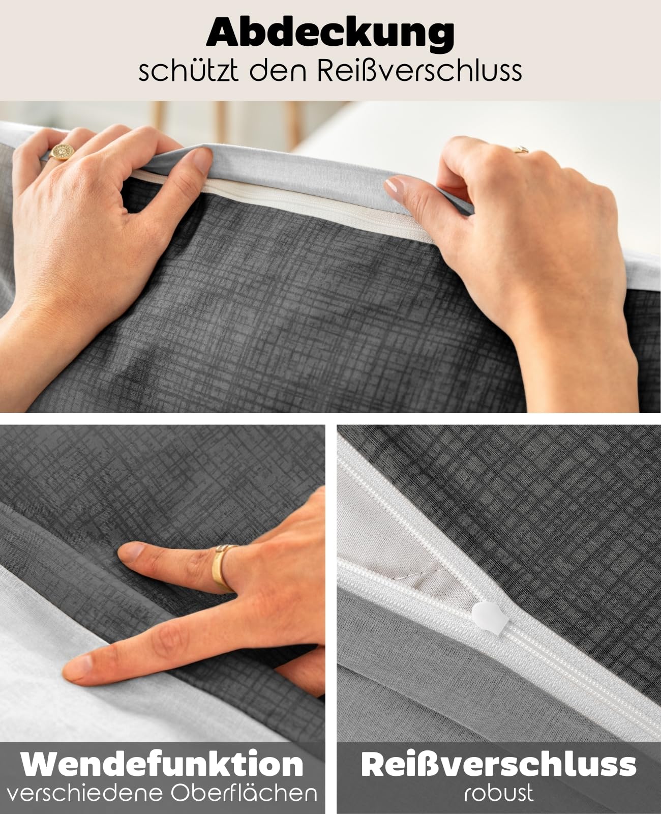 lionto dibea Renforcé-Wendebettwäsche aus 100% Baumwolle, 135x200 cm, Kissenbezug 80x80 cm, 4-teilige Bettwäsche zu jeder Jahreszeit, pflegeleicht und formstabil, inkl. Oeko-TEX Zertifikat, grau