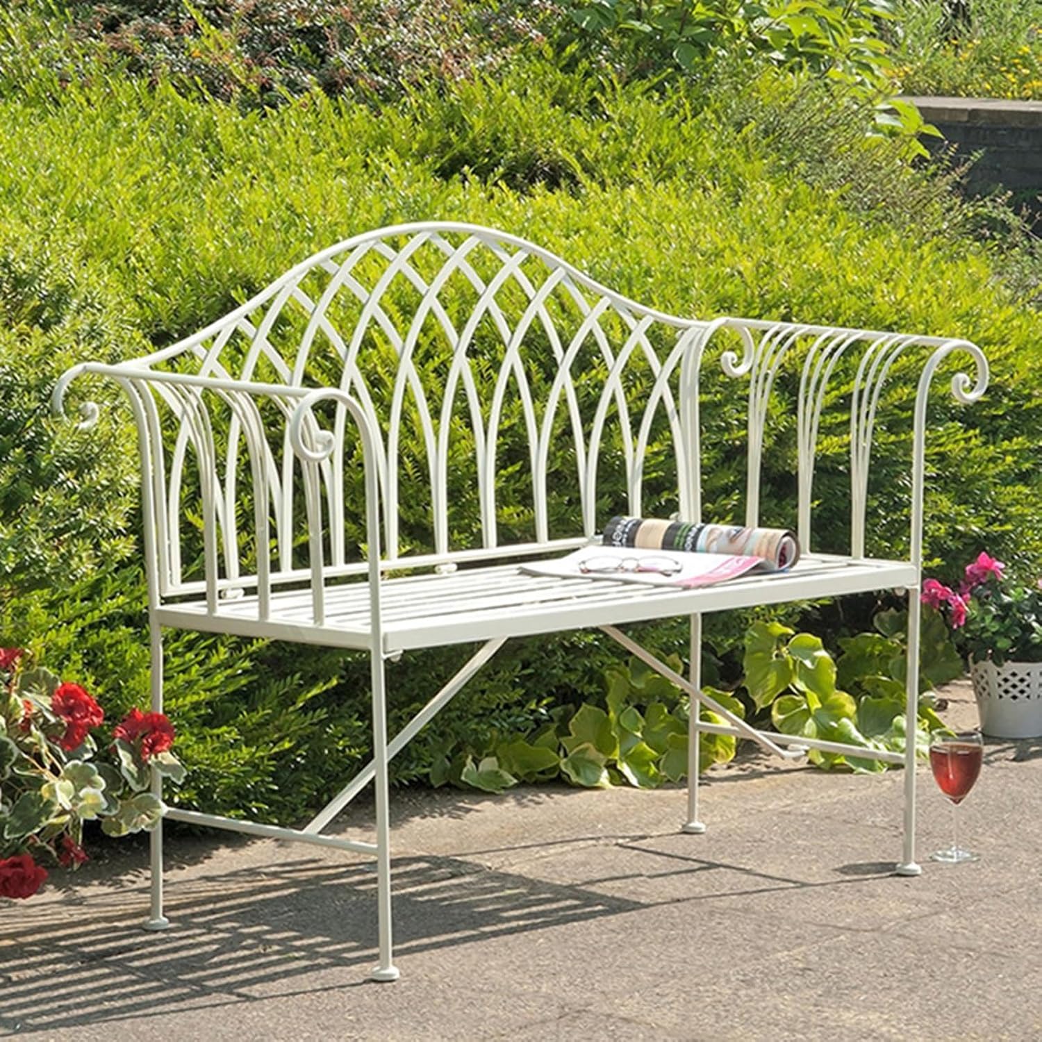 51" Outdoor Patio Bench, Metal Garden Bench with Backrest & Armrests, Iron Art Park Seating for Garden & Patio, Stylish White Bench for Outdoors