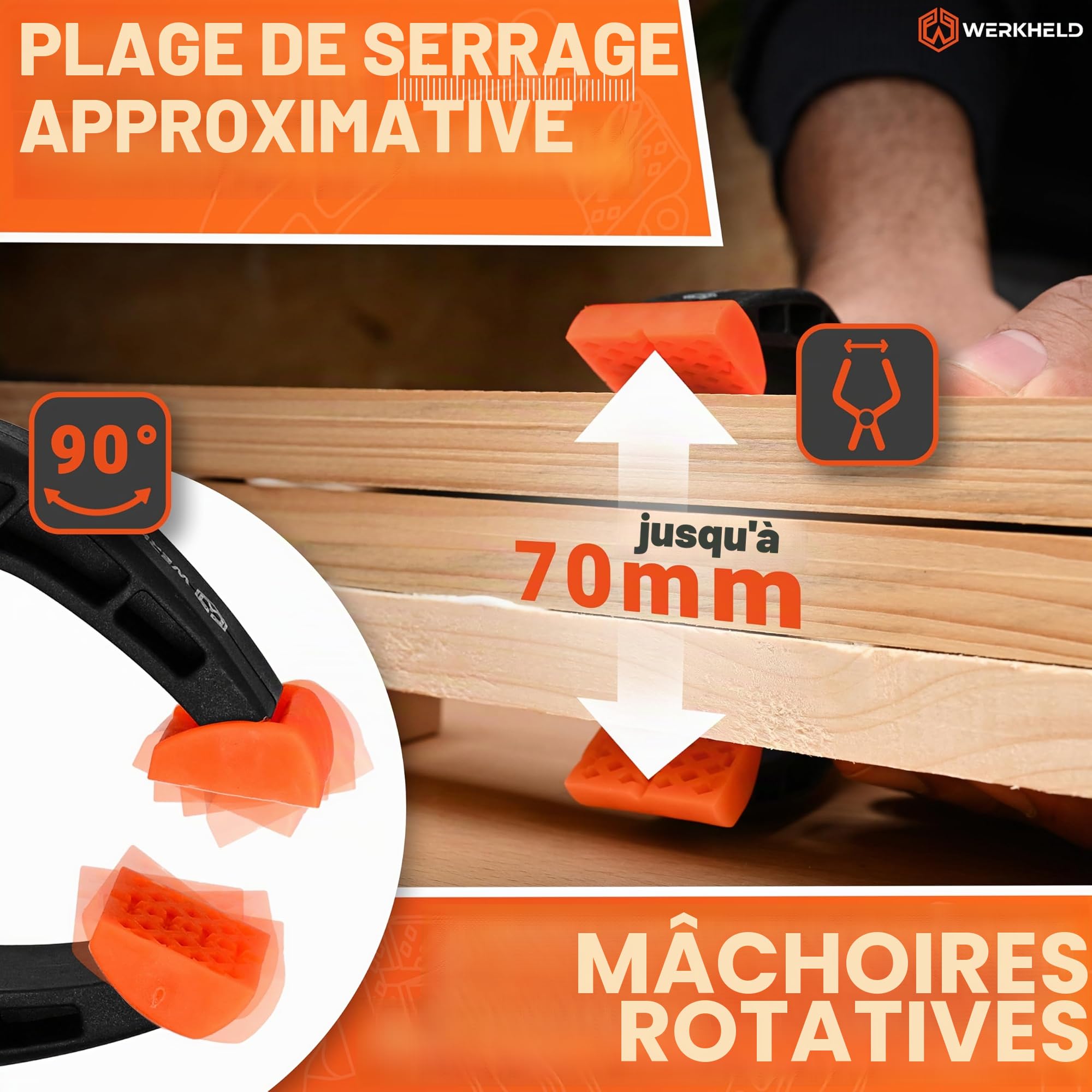 Lot de 10 pinces de serrage rotatives en nylon avec ressort en carbone et poignées caoutchoutées - Pincettes 7 cm et forte tenaille