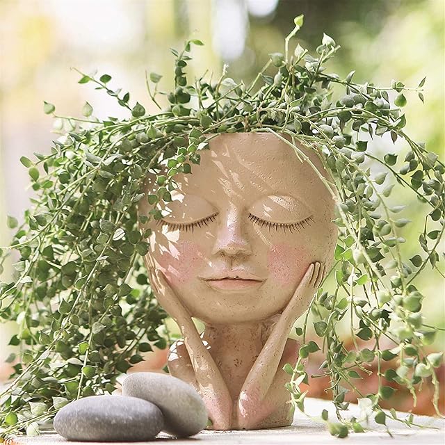 Amandaz Face Flower Pot Head Planter Pot Succulent Planter Cute Resin Cactus Planter with Drainage Hole Closed Eyes Girls Face Head Flower Planter Succulent Plant Pot Flowerpot Figure Garden Decor
