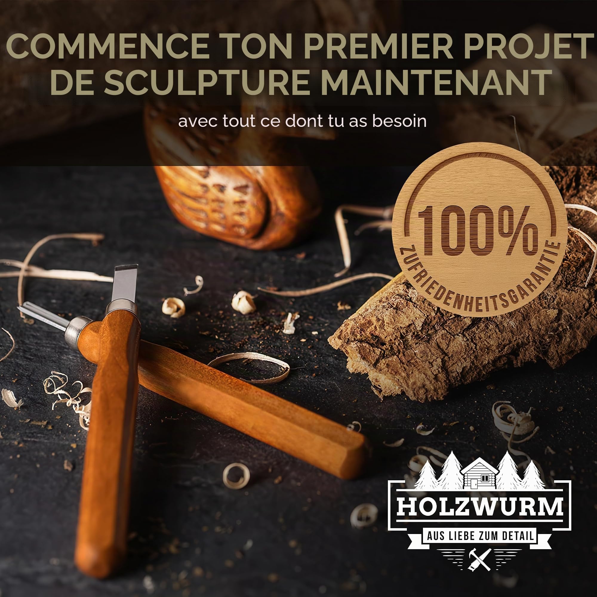 HOLZWURM Set d'outils de sculpture sur bois 12 pcs, sachet, instructions (EN) et pierre à aiguiser inclus, set de couteaux de sculpture sur bois idéal pour les débutants et les professionnels