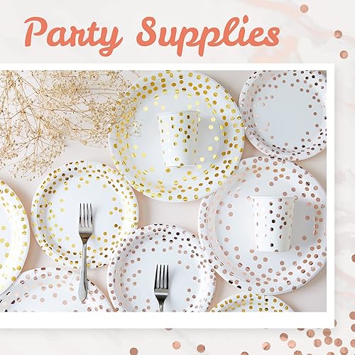 Miniatura 10 de MATICAN Platos de papel para fiestas, paquete de 50 platos desechables de oro blanco y rosa, lunares de aluminio, 9 pulgadas