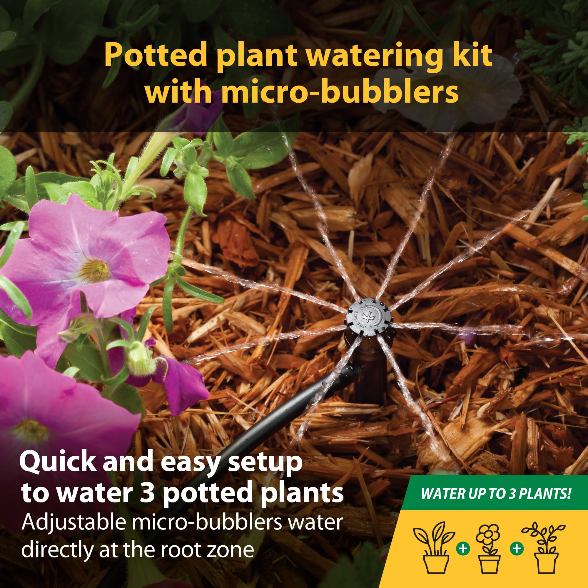 Rain Bird POTTEDKIT Récipient d'irrigation goutte à goutte/kit d'arrosage pour plantes en pot, se connecte au robinet/tuyau d'arrosage, tuyau d'égouttement de 6,35 mm, micro bulleurs à 360°, raccords