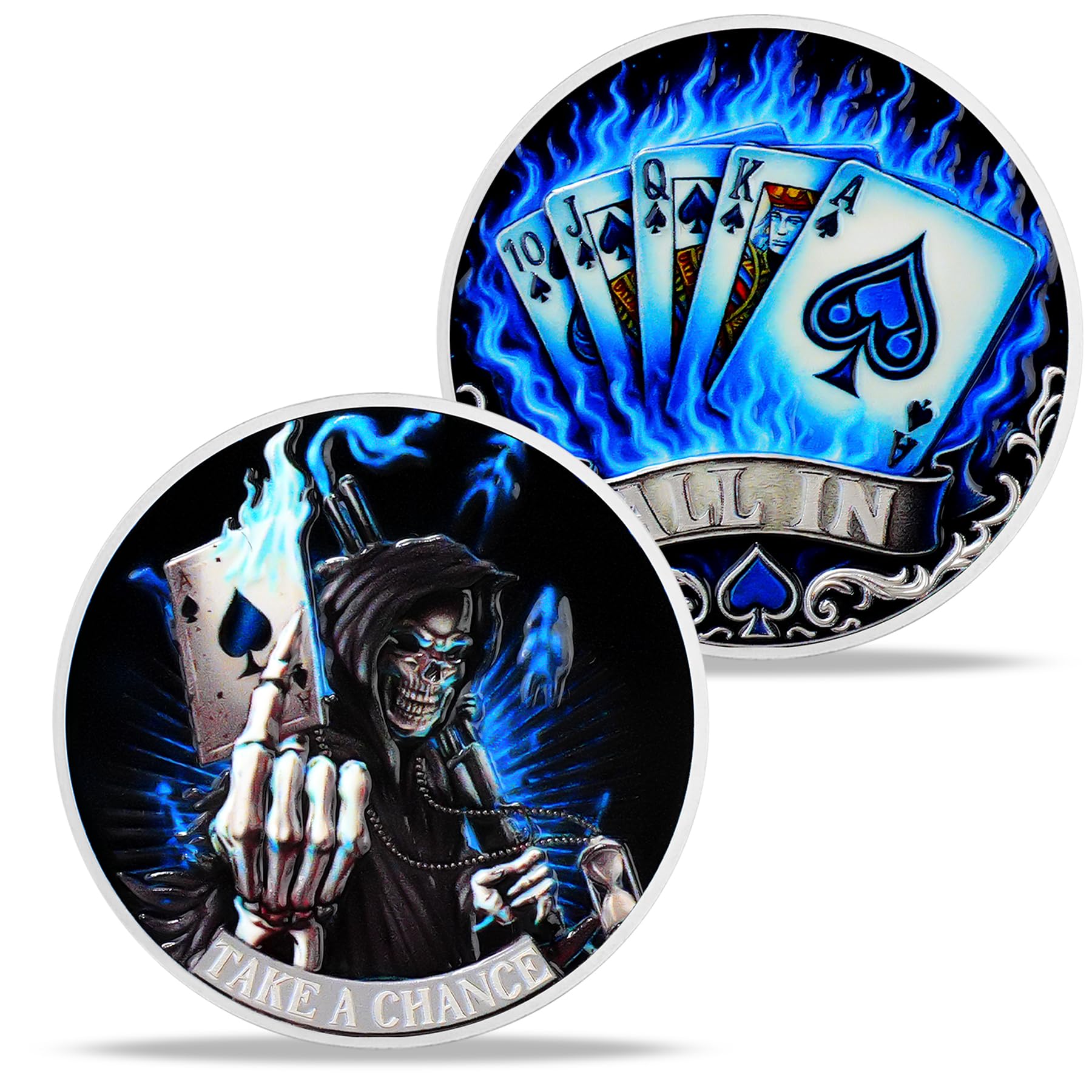 Blue Fire Spades - A Skull Memento Mori Coin Hourglass Skull Time Mortality Stoic Coin