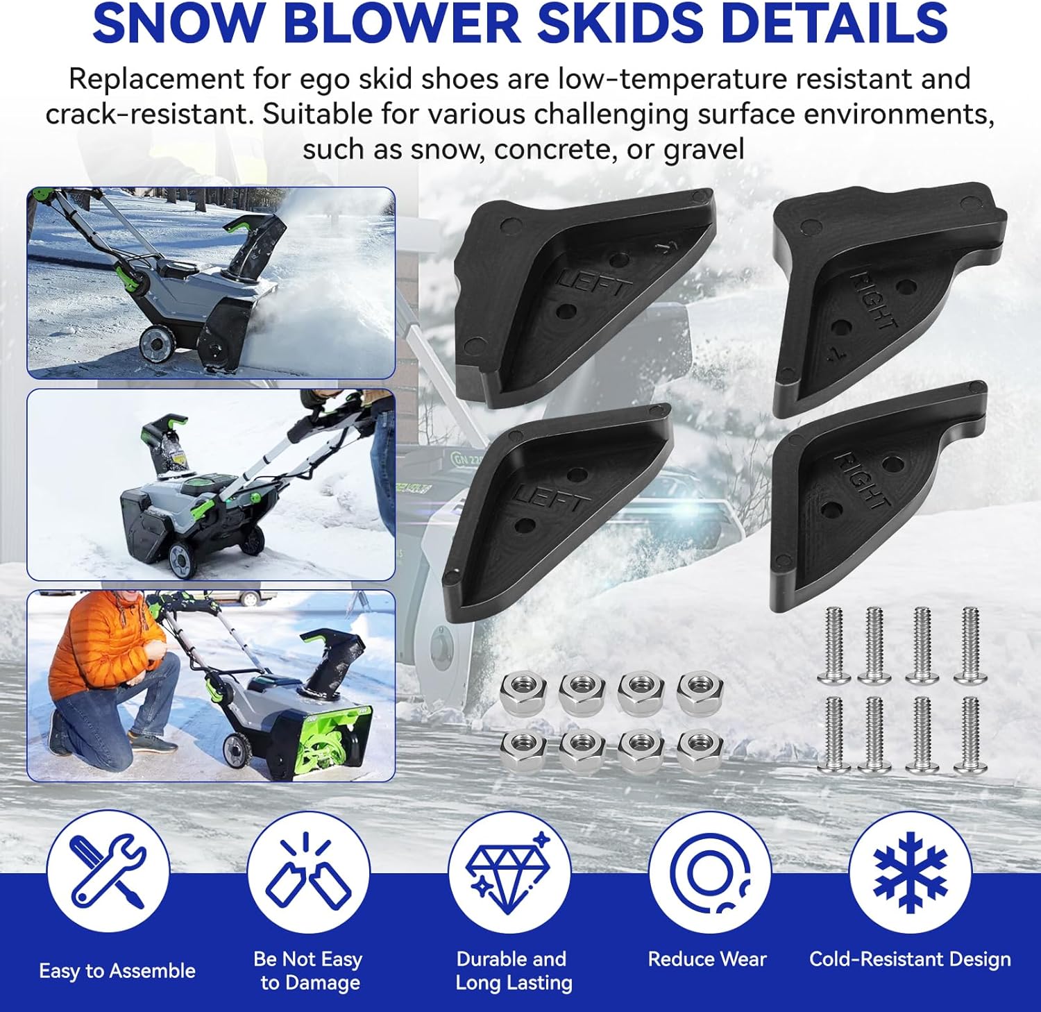 Single Stage Snow Blower Protective Slide Skid Shoes Kit Compatible with Ego 21'' SNT2100 SNT2110 SNT2114 SNT2112 SNT2102 SNT2114 SNT2101, Protection Pads Skids for Ego Snowblower, Protects Driveway
