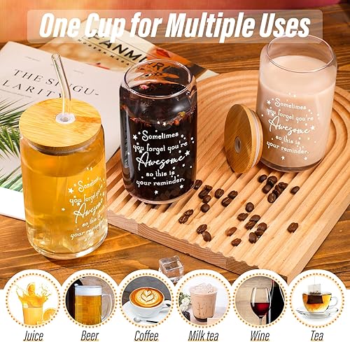 Miniatura 6 de Nuanchu Paquete de 12 vasos de vidrio a granel con tapas y pajitas de bambú, regalos de agradecimiento para compañeros de trabajo, profesores,