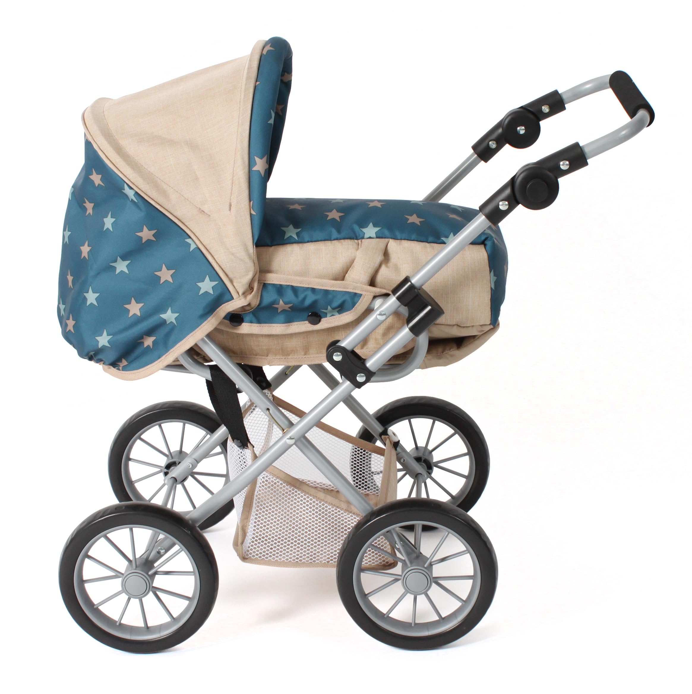 Bayer Chic 2000® Wózek dla lalek Leni kombi 3 w 1 – gwiazdka turkusowo-beżowa – składany, uchwyt z regulacją wysokości 43-67 cm, torba do przenoszenia – lalki do 46 cm, od 3 J.