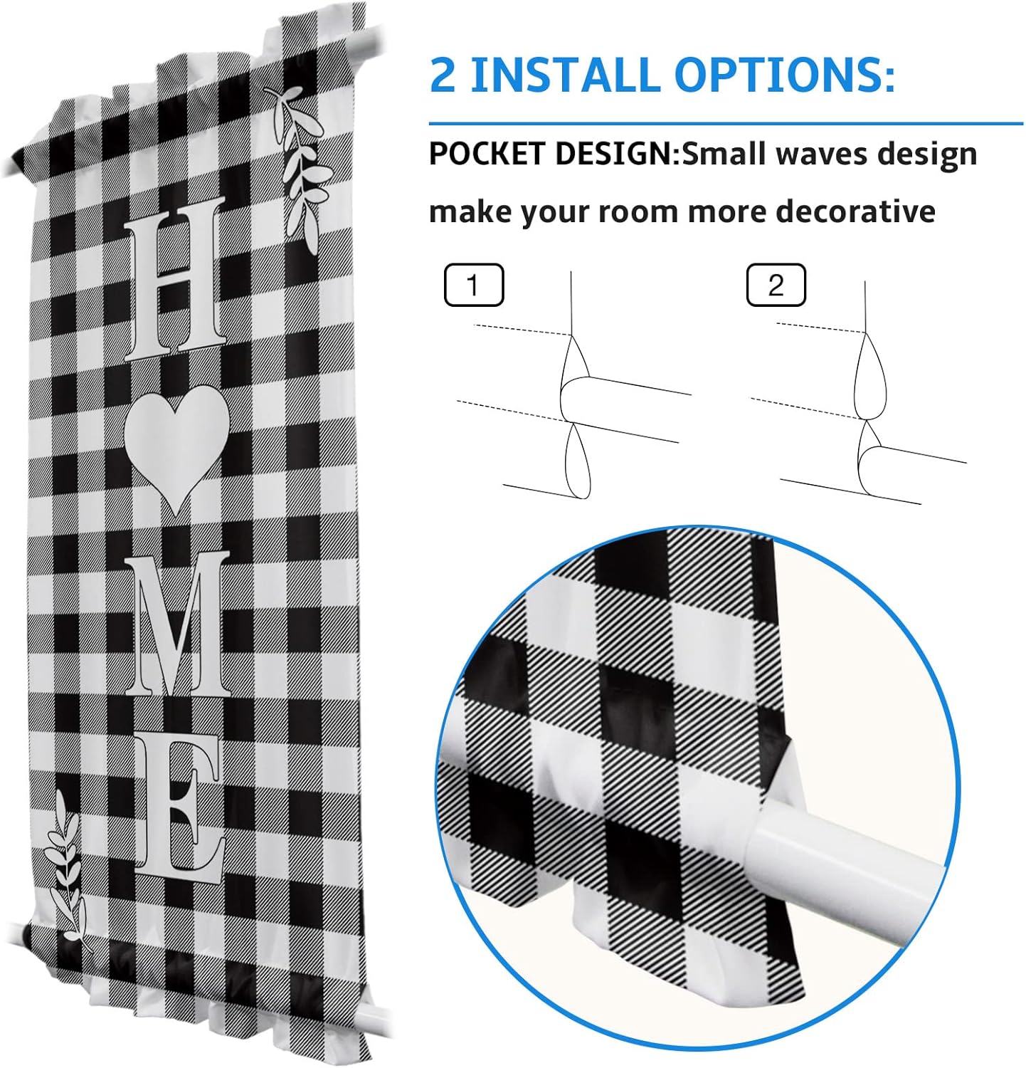 JasmineM Door Curtains Door Window Curtain for Privacy, Rod Pockets French Door Curtain with Tieback, Farmhouse Buffalo Plaid Check Washable Door Panel Curtains, 54Wx72L, 1 Drapery, Black White Heart