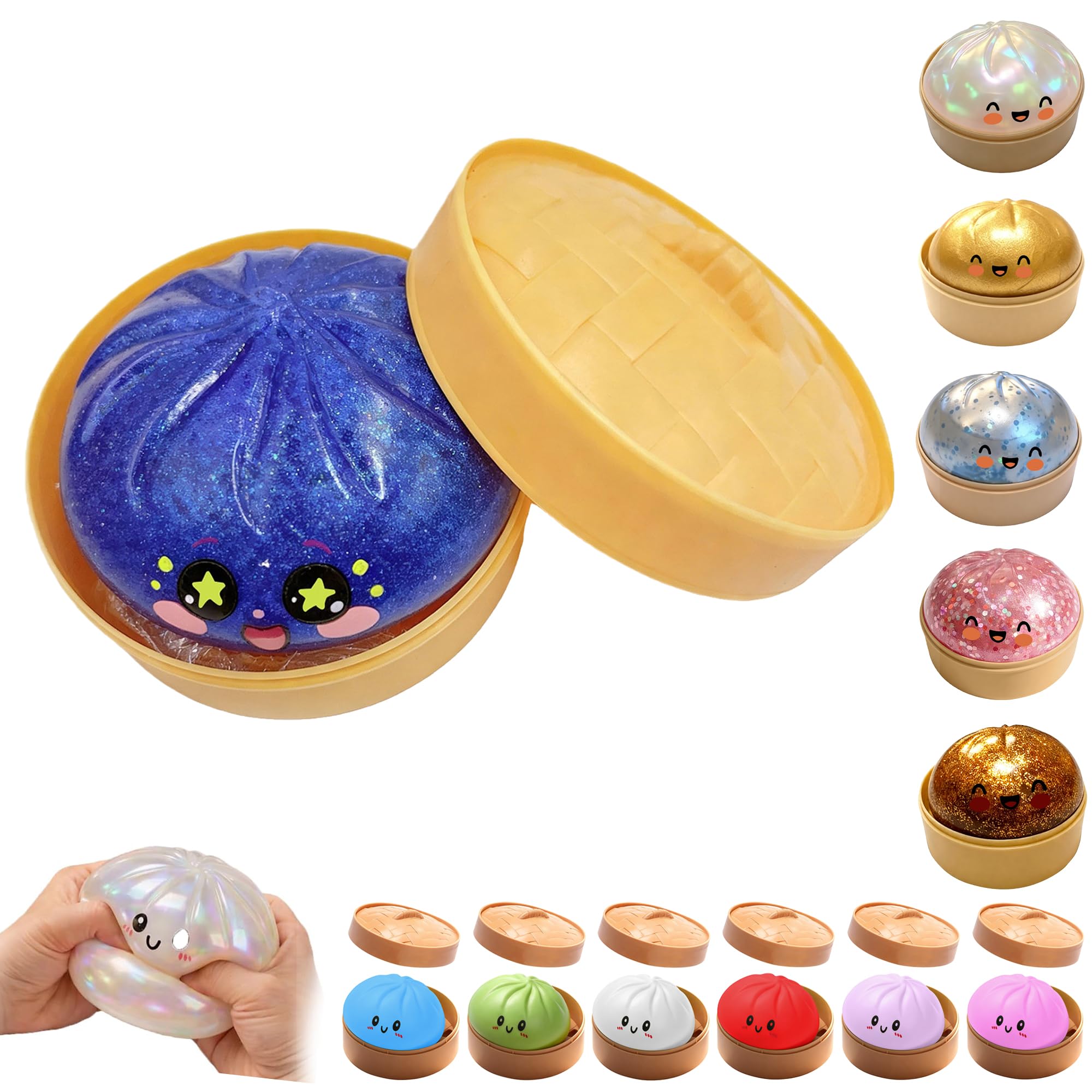 OKESYO Dumpling Squishy, Giant Squishy Dumpling Toy with Steamer Box, Mystery Rainbow Dumplings, Glitter Dumplings Stress Ball, Anxiety Relief Squeeze Fidget Toys Adults