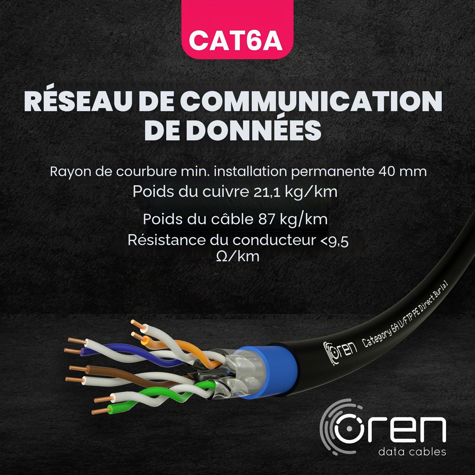 Oren CAT6A 50m Câble Ethernet Extérieur - Enfouissement Direct - Câble en Cuivre Pur 23 AWG - Bande passante 500 MHz - Câble réseau LAN Internet U/FTP, sans halogène, sans corrosion - 10GbE