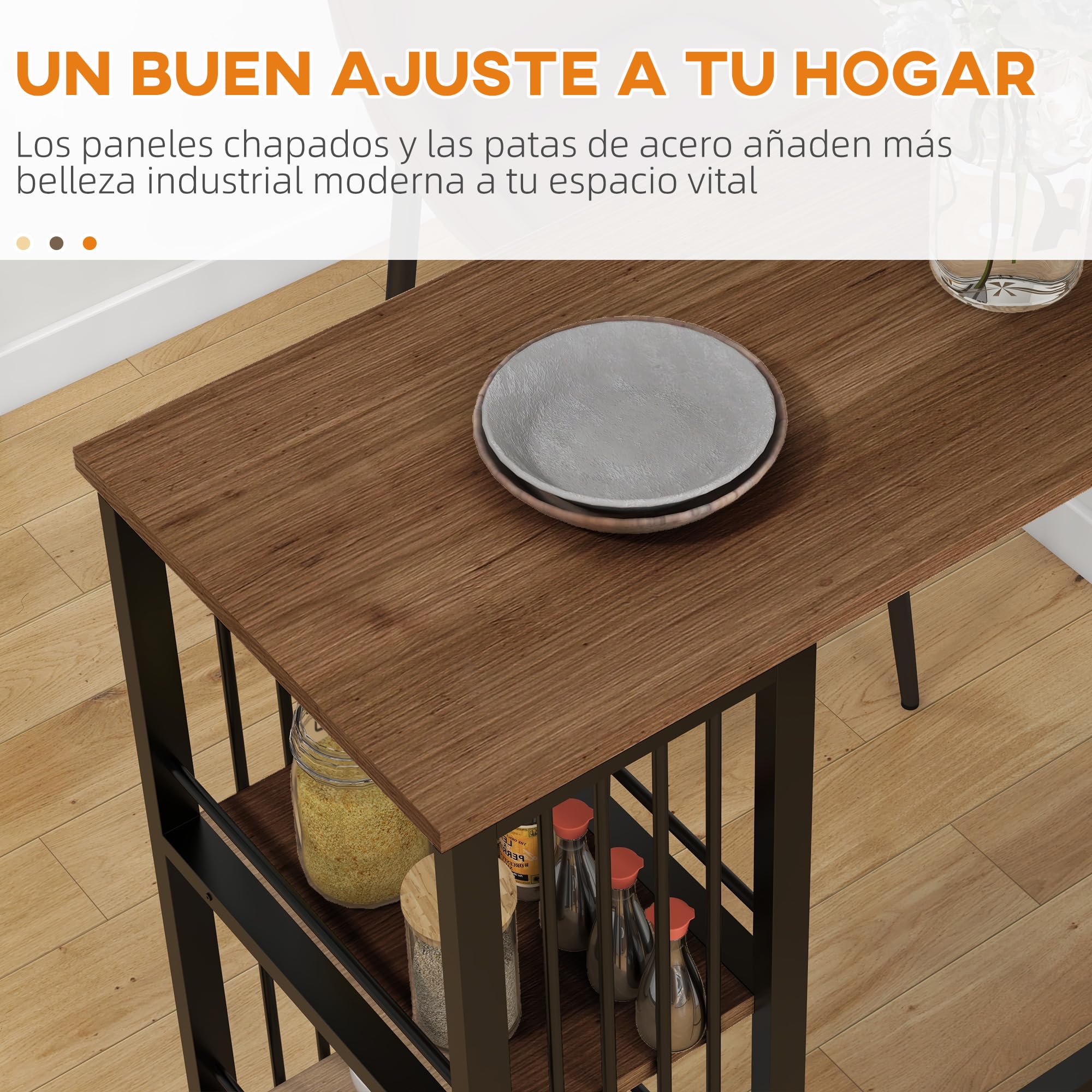 HOMCOM Mesa Alta Cocina Bar para 2 Personas 120x40x105 cm Marrón y Negro | Con 3 Estantes, Mesa Alta Bar Rectangular, Patas de Acero, para Salón, Comedor