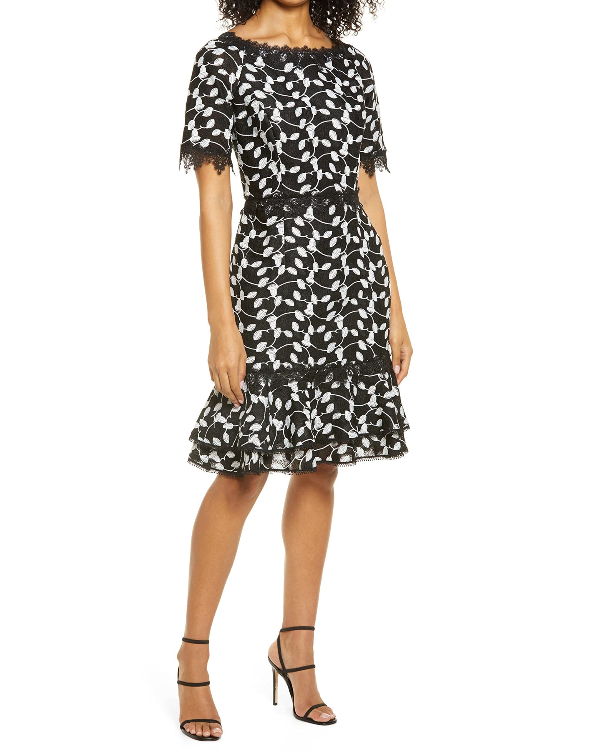 shani floral lace dress Shani Handkerchief Floral Applique Lace Dress - Black