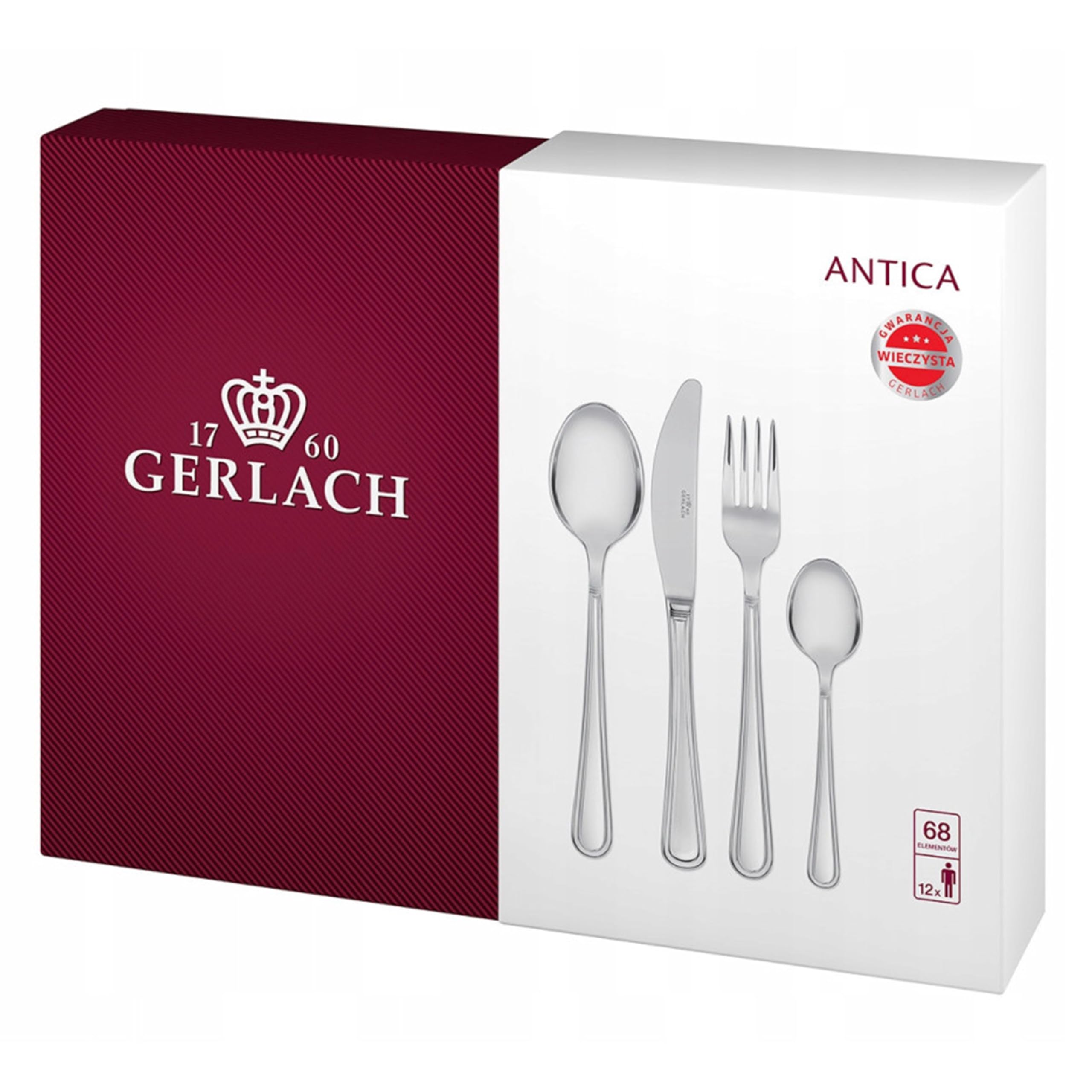 Gerlach - Cubertería Mate Antica, Acero Inoxidable, Plata, 50 x 37 x 10 cm, 68 Unidades