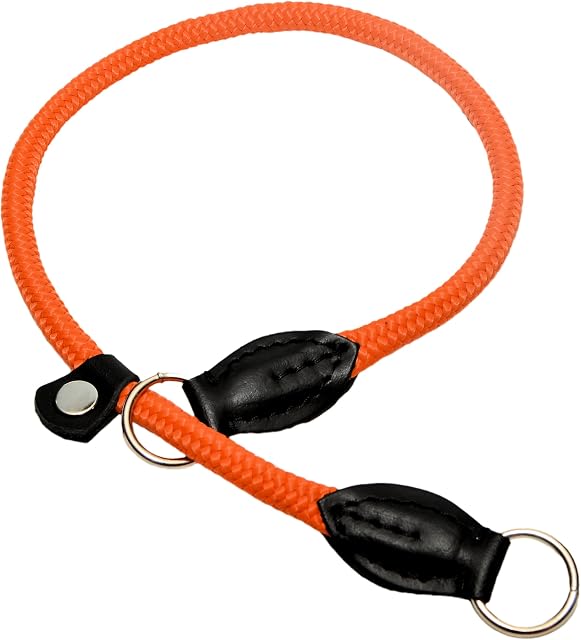 ZOOLESZCZ ORANGE HandMade Strong Rope Rolled Slip Dog Choker Choke Collars with black leather finish (16")