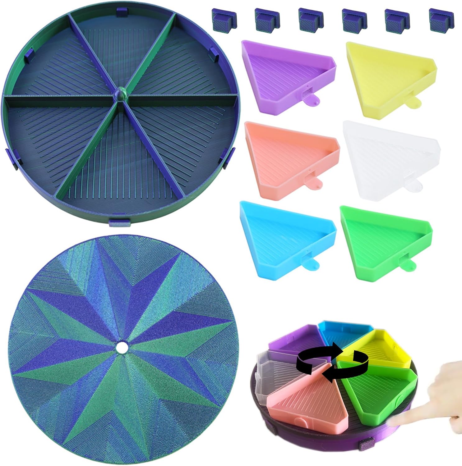 Diamond Painting Tray with Lid, 360° Rotation Diamond Art Storage Trays Kits for Adults, Bead Sorting Trays, Rhinestone Tray Organizer Accessories and Tools for 5D Diamonds DIY Crafts (Blue Green)