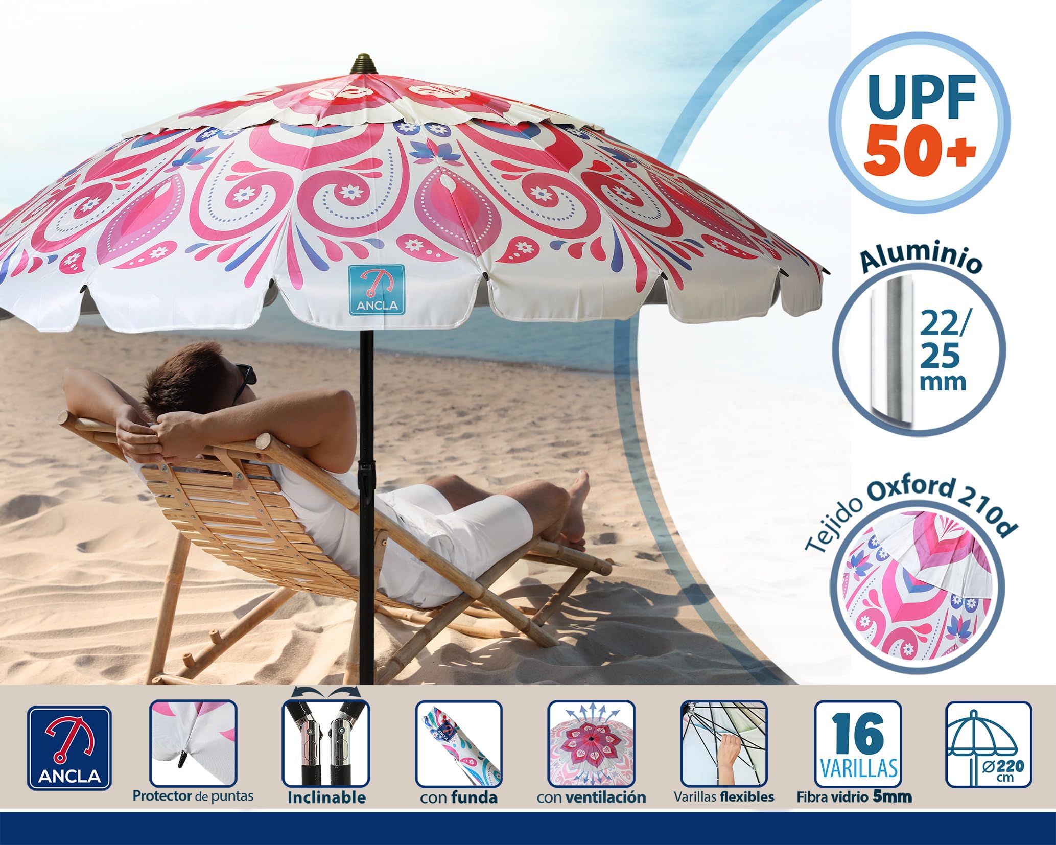ATOSA atosa sombrilla de playa reclinable de aluminio modelo mándala floral con upf 50+ fucsia