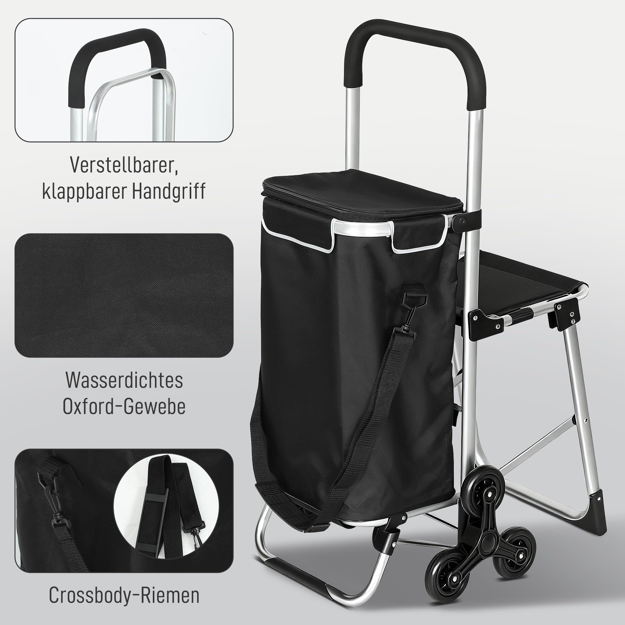 HOMCOM 3-in-1 Einkaufstrolley klappbar mit 40L Kapazität, klappbar Sitz, Trolley bis 25kg belastbar Einkaufswagen Sackkarre Umhängetasche Treppensteiger Schwarz