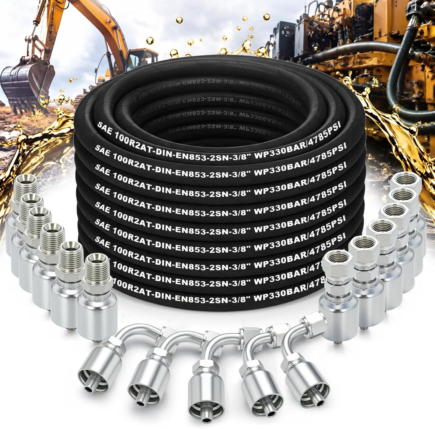 50ft 3/8" Hydraulic Hose with 15pcs Fitting JIC Female JIC Female 90° Elbow NPTF Male,4785 PSI SAE 100 R2AT 2-wire Braid Rubber Steel Oil Flexible Hose -30°C to 121°C Industrial Agricultural