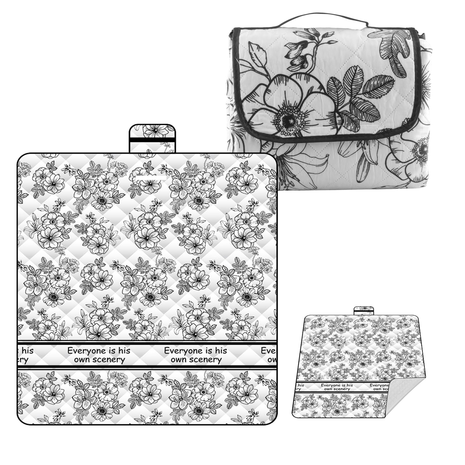 Couverture de pique-nique pliable avec poignée de transport, motif floral noir et blanc, imperméable, couverture d'extérieur isolée et rembourrée pour plage, parc et pique-nique en famille