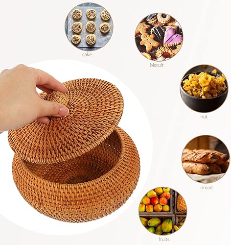 Miniatura 4 de Cajas redondas de ratán con tapa de 7.86 pulgadas tejidas a mano para servir, tarro de almacenamiento natural, organizador de mimbre, olla para