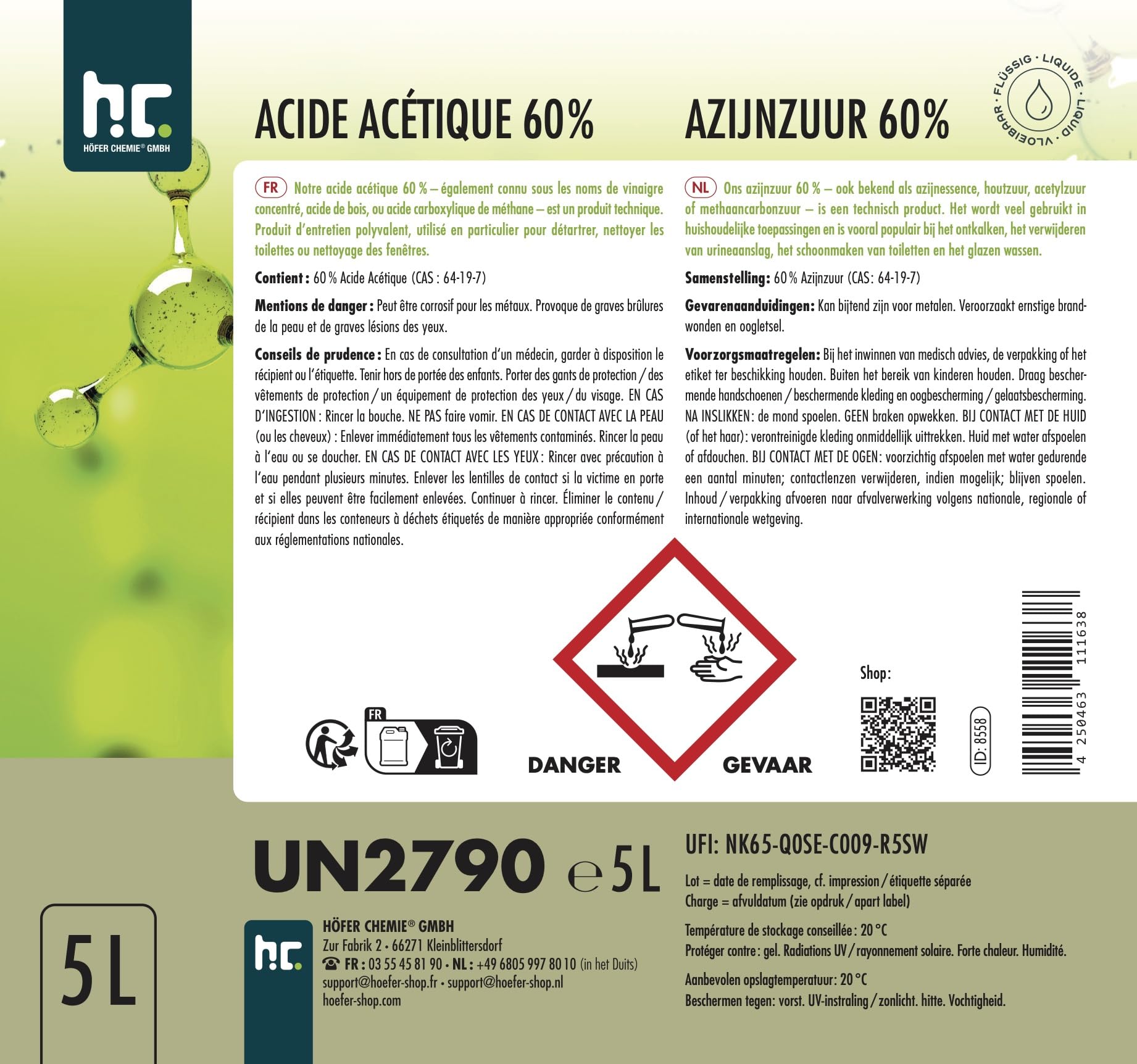 Höfer Chemie 2x 5 L Essigsäure 60% - optimaler Reiniger und Entkalker - Premium Qualität Made in Germany - frisch abgefüllt im handlichen Kanister