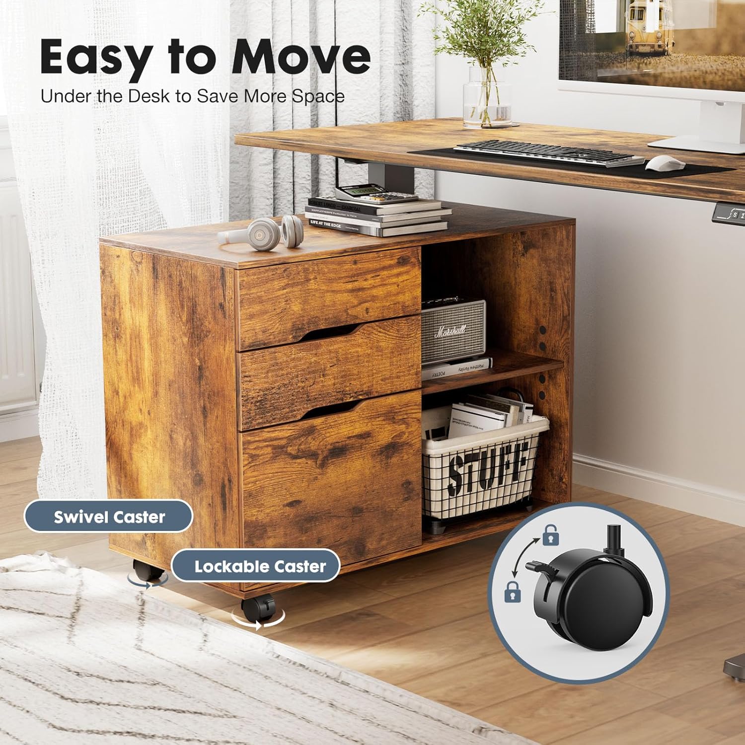 DUMOS Lateral File Cabinet with 3 Drawers Rolling Filing Cabinets Under Desk Storage Printer Stand Wood Organizer with Wheels Adjustable Shelf for Office Home Small Space, Brown