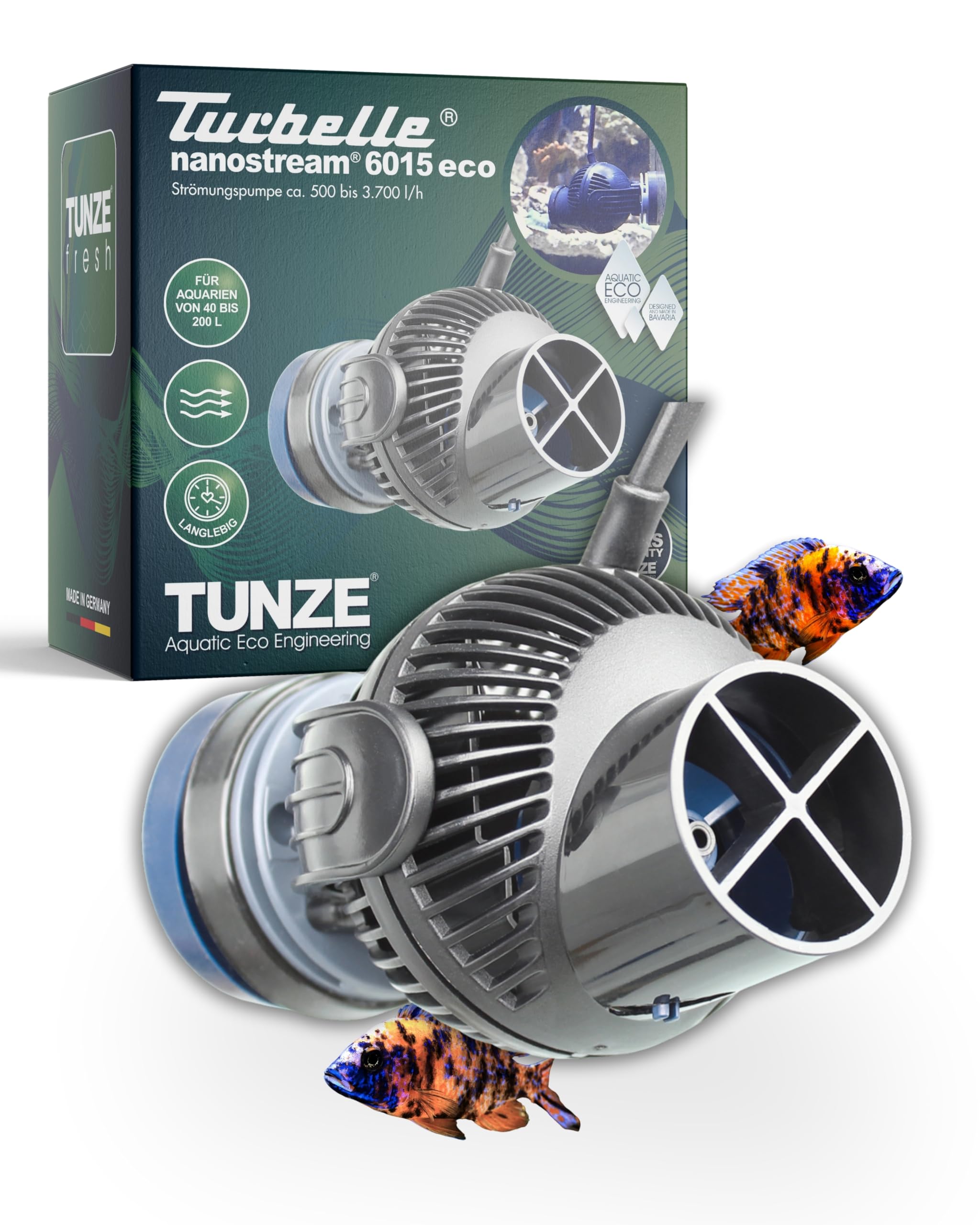 TUNZE Strömungspumpe Turbelle nanostream 6015 eco I Pumpe mit 500-3.700 l/h Strömungsleistung I Propellerpumpe mit Magnet Holder & Silence Klemme bis 12mm Glasstärke I für Aquarien von 40 bis 200 L