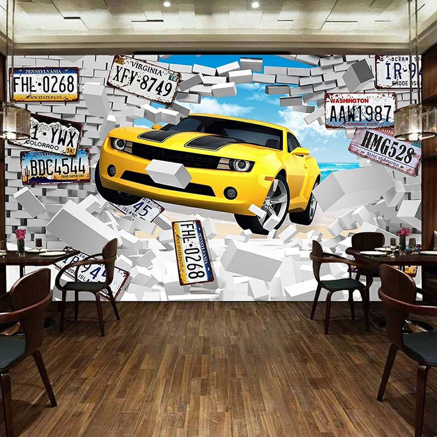 Papel Pintado Mural 3D Coche Amarillo De Pared Rota Papel Pintado Mural 3D Papel Pintado De Pared Carteles De Pared Pegatina De Pared Borde Autoadhesivo Ladrillo Baño Dormitori 250(ancho)x175(alto) cm