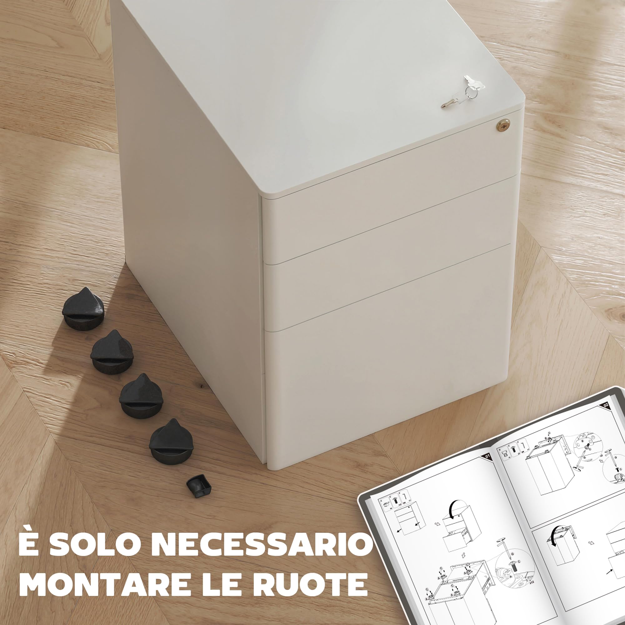 Vinsetto Cassettiera da Ufficio 3 Cassetti e Serratura, Cassettiera per Scrivania con Rotelle in Acciaio, 39x48x59 cm, Bianco