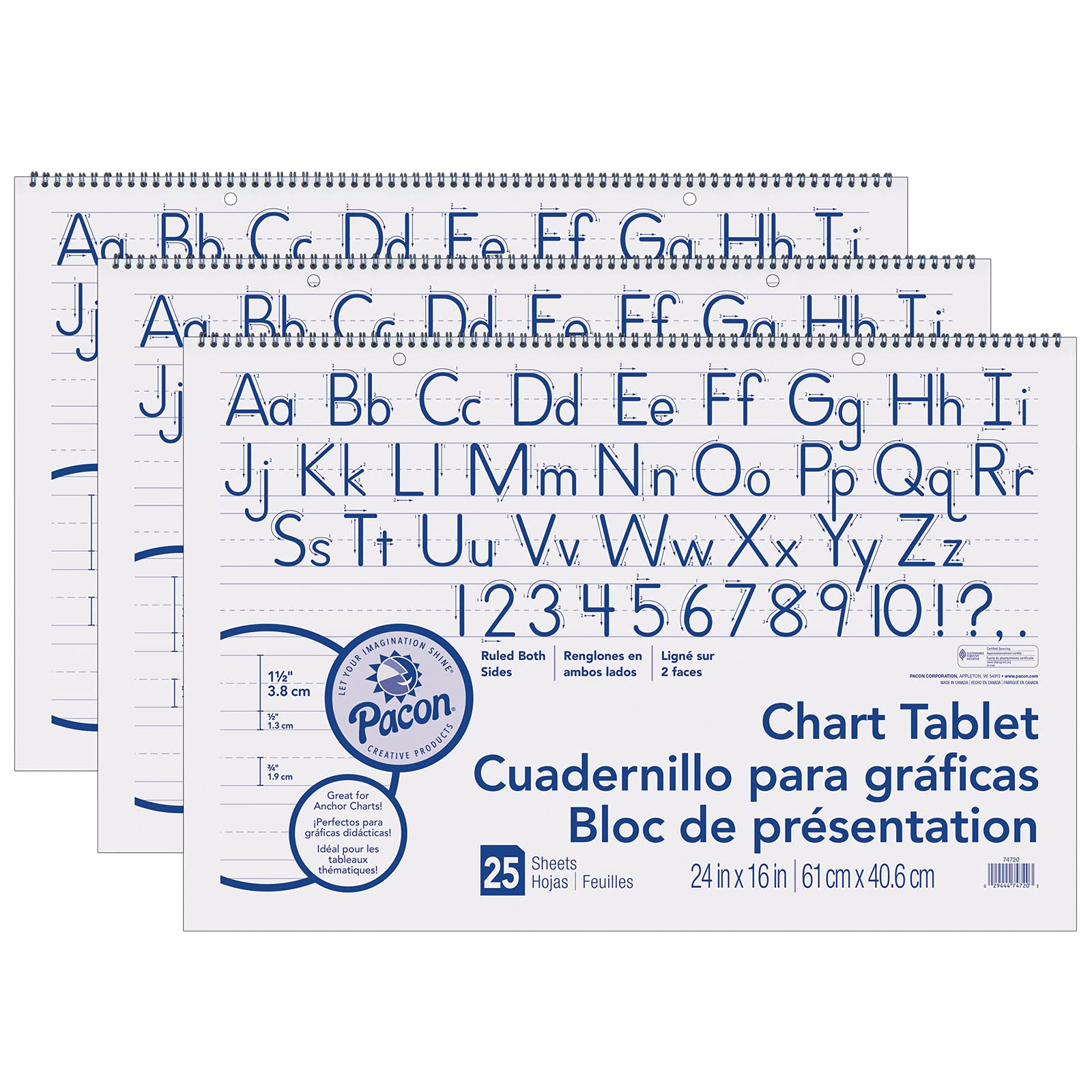 PACON(r) Chart Tablet, Manuscript Cover, 1-1/2" Ruled, 24" x 16", 25 Sheets, Pack of 3
