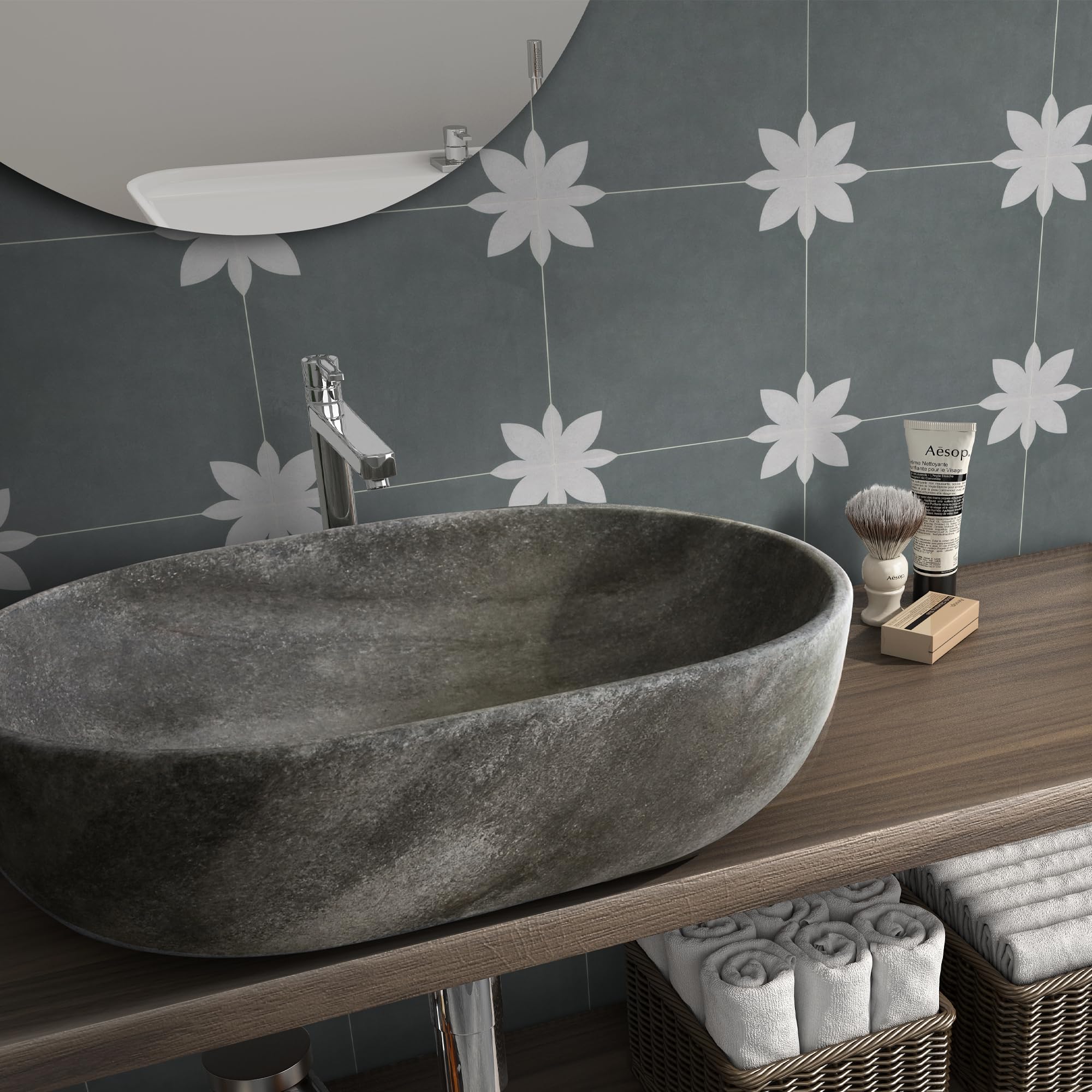 Inno Stickers Peel and Stick Floor and Wall Tile for Bathroom Kitchen SPC Vinyl Self Adhesive Flooring Tile 9x9In Gray Flower Encaustic Patterned Groutble Backsplash Tile, 16 Tiles, 9.12 Sq Ft.