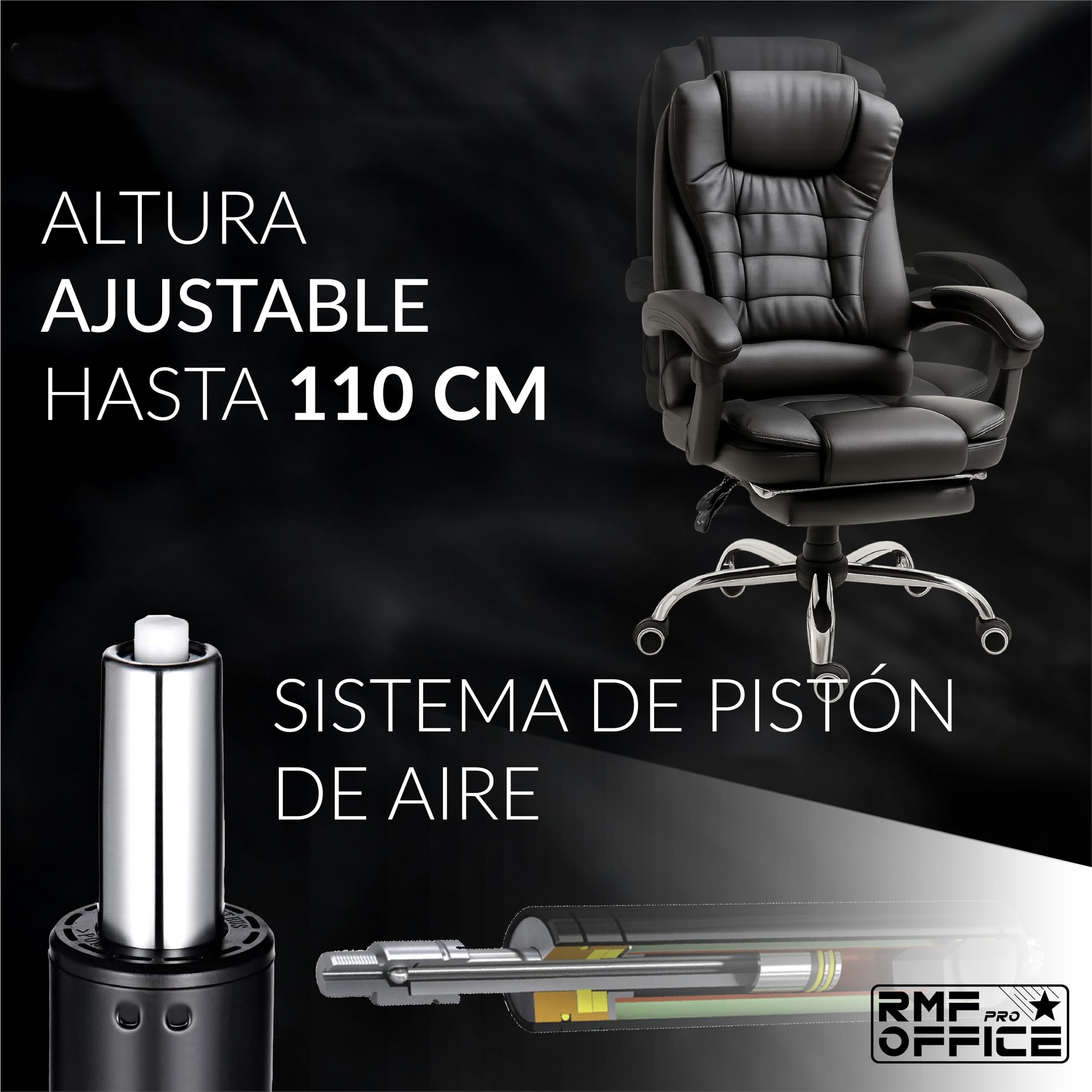 RMF Silla de Oficina Ergonómica Profesional Reclinable, Silla de Escritorio Cómoda y Relajante con Reposapiés - Sillón Relax con Ruedas Giratorias y Altura Ajustable Negro