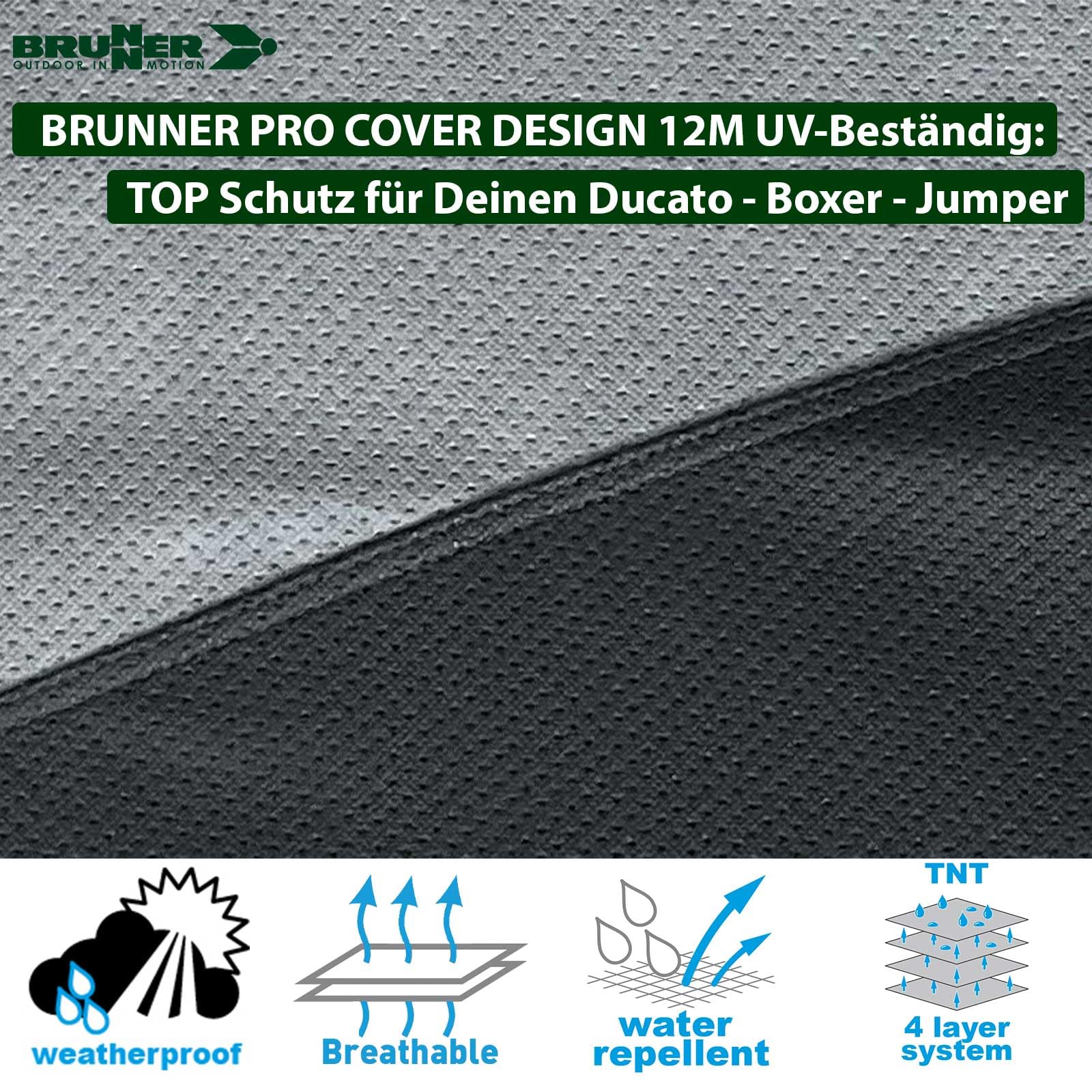 BRUNNER PRO Cover Design 12M Abdeckplane Schutzhülle, FIAT Ducato Peugeot Boxer Citroen Jumper, Größen L2-L4, Atmungsaktiv Wasserabweisend UV-Beständig Winter+Sommer, FÜR FAHRZEUGLÄNGE L4=6,36m