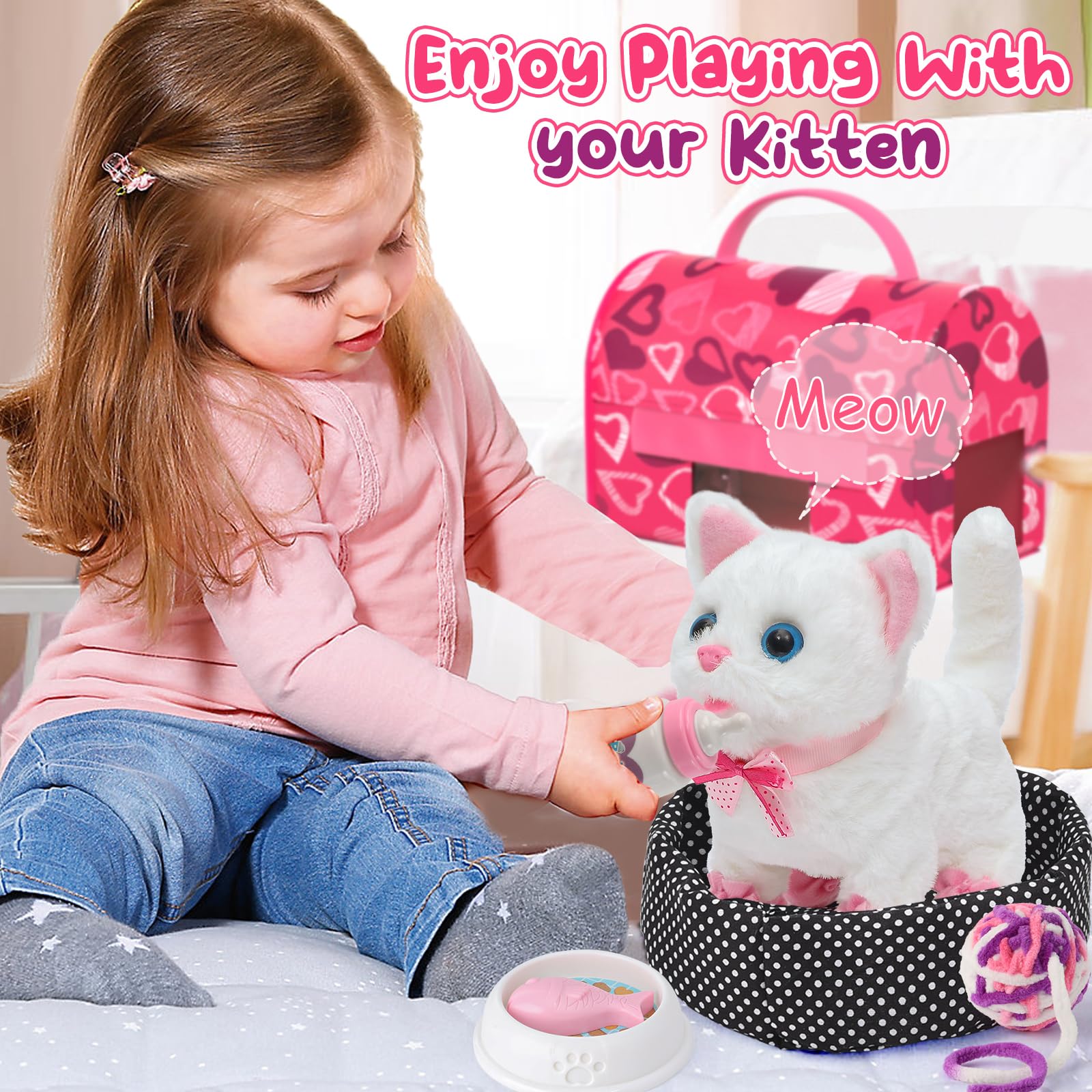 Tacobear Katze Spielzeug Kinder Elektronische Haustiere Katze Gehen Bellt Schwanzwedeln Cat Transporttasche Interaktives Spielzeug Kuscheltier Plüschtier Katze Geschenk für Mädchen 3 4 5 6 7 8 Jahre