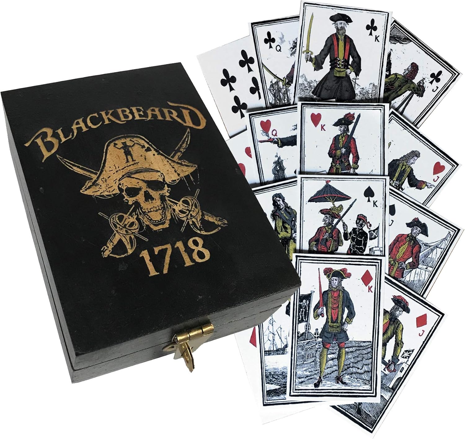 Engraved Pirate Blackbeard 1718 Edward Teach Skull Wearing Hat Antiqued Vintage Solid Mango Wood Box Reproduction with Pirate Themed Playing Cards
