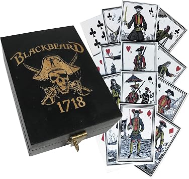 Engraved Pirate Blackbeard 1718 Edward Teach Skull Wearing Hat Antiqued Vintage Solid Mango Wood Box Reproduction with Pirate Themed Playing Cards