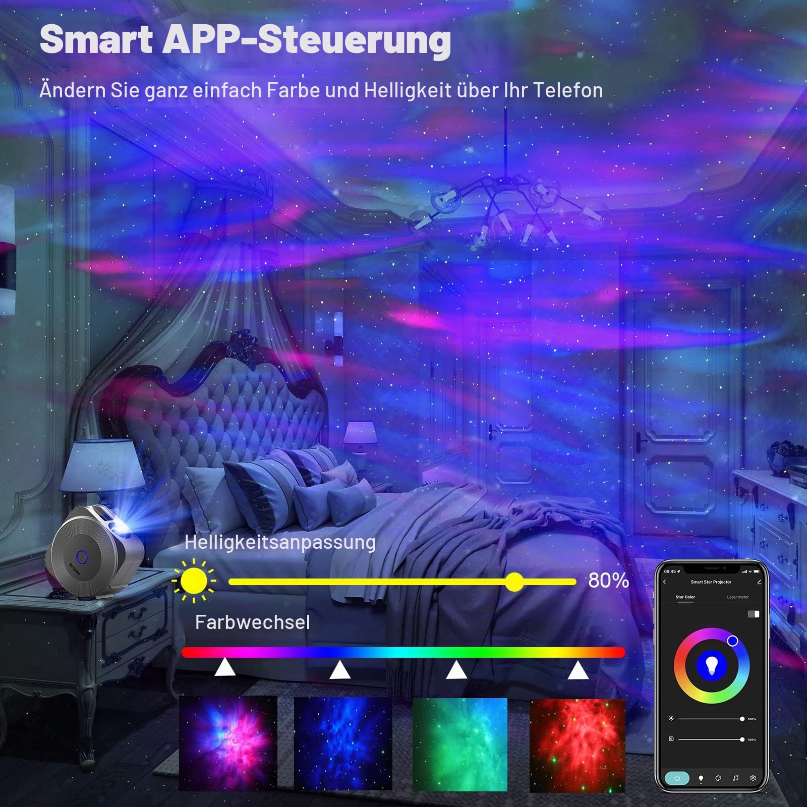 LED Sternenhimmel Projektor, Galaxy Star Projector Kinder Erwachs mit App/RG Dimming/Timer/WiFi Stimmenkontrolle, Lampe Projektor für Dekoration Party Schlafzimmer Heimkino, silbrig