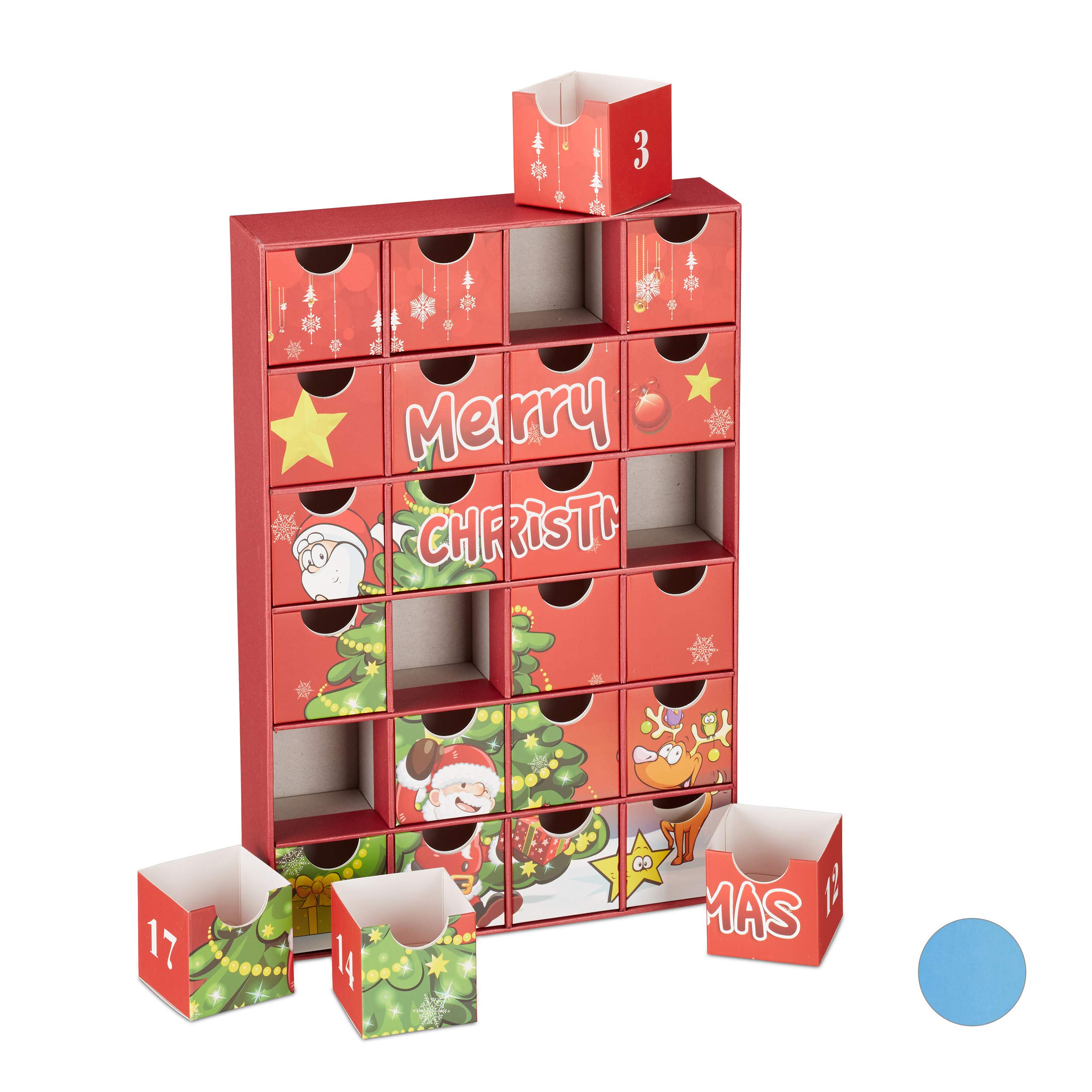 Relaxdays, Rojo, 33 x 22 x 5,5 cm Calendario Adviento para Rellenar 24 Cajas, Cartón