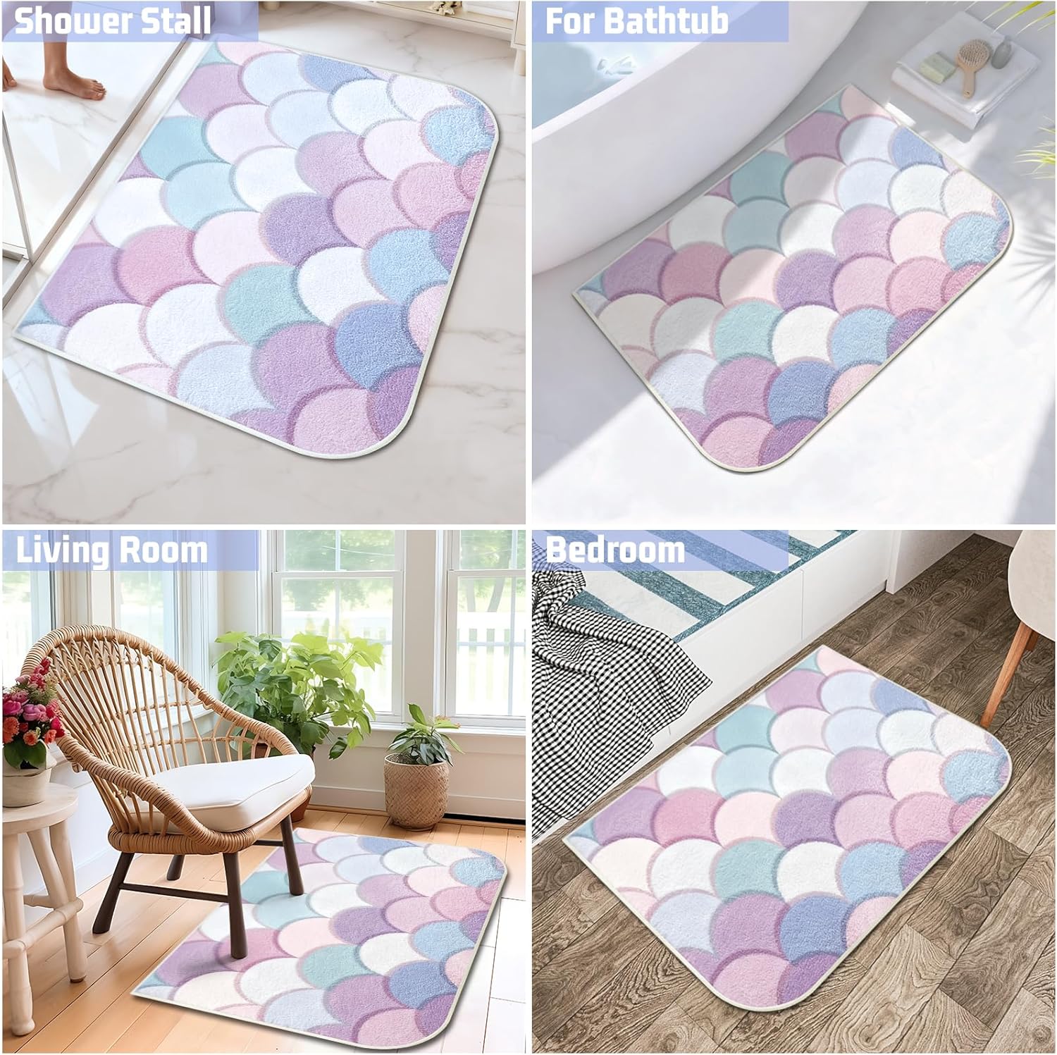BLESWIN Bath Rugs for Bathroom, 24x36 Washable Bathmat with Non Slip Backing, Low Pile Soft Fluffy Bathroom Rug for Shower Floor Tub Toilet Bedroom Kids Room, Mermaid Scale