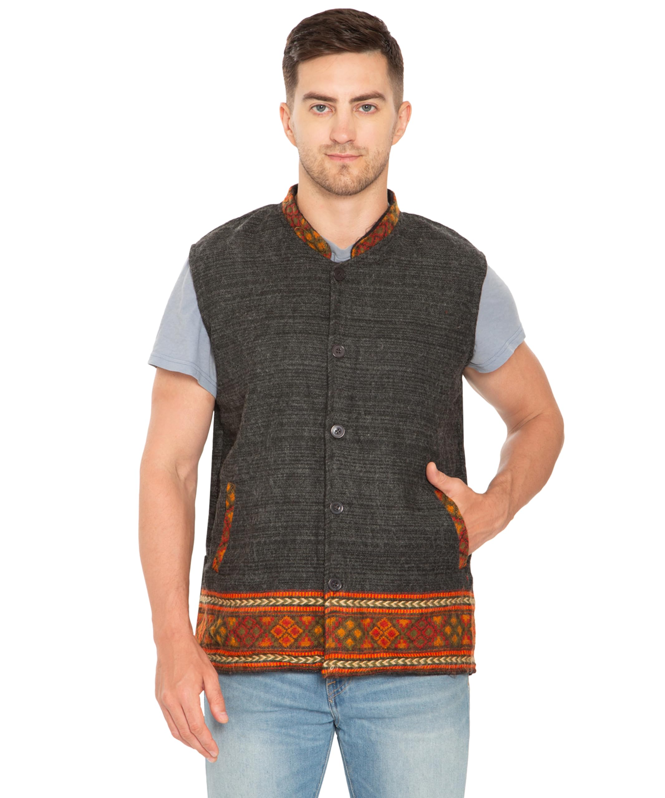 Matelco Men Wool Sleevless Buttoned Jacket With Kullu border