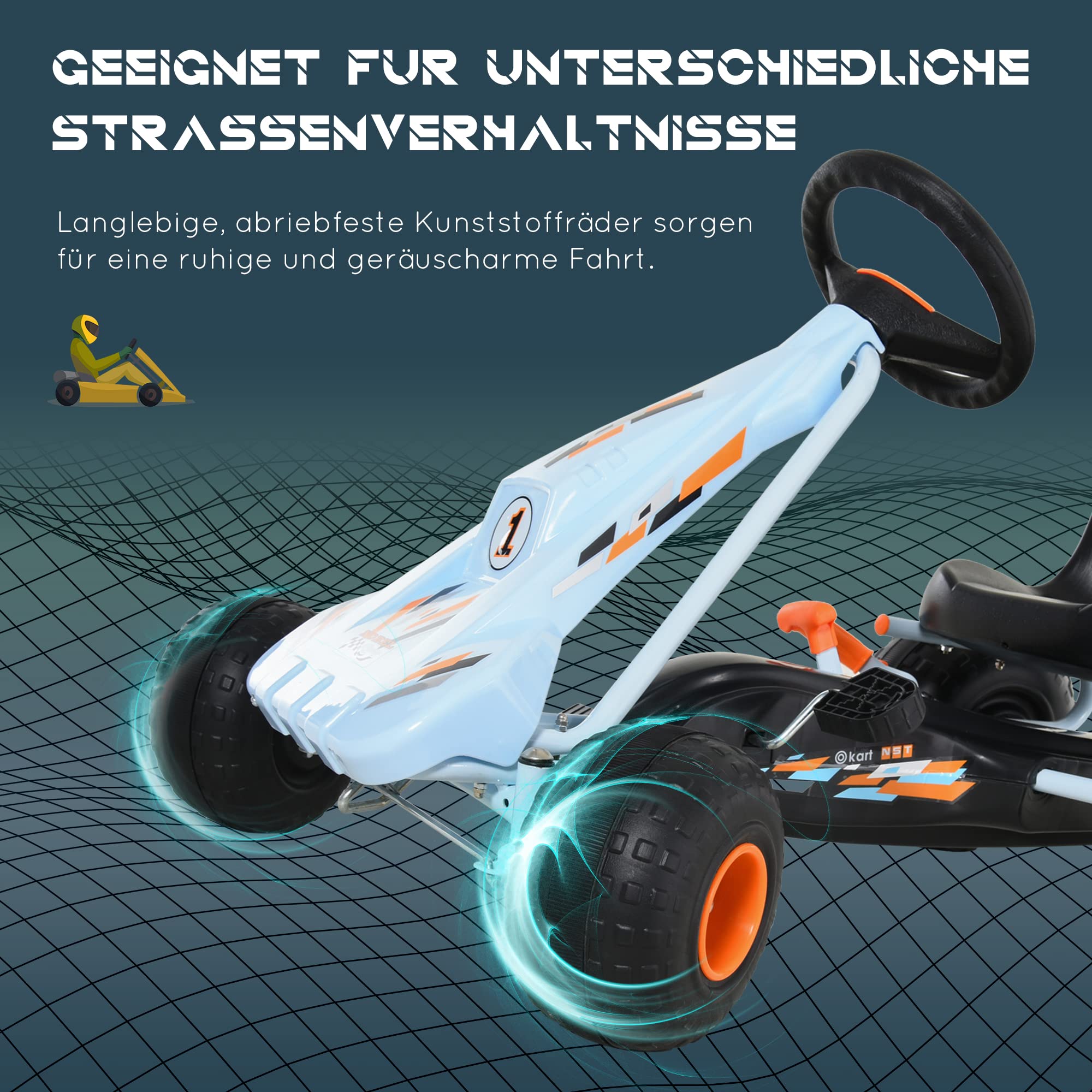 HOMCOM Gokart Tretauto mit Handbremse für Kinder ab 3 Jahren Hellblau | Verstellbarem Sitz, Pedal, Vor- und Rückwärtsgang, Kettcar, Tretfahrzeug, Kinderfahrzeug, Kinderspielzeug, Pedal-Gokart
