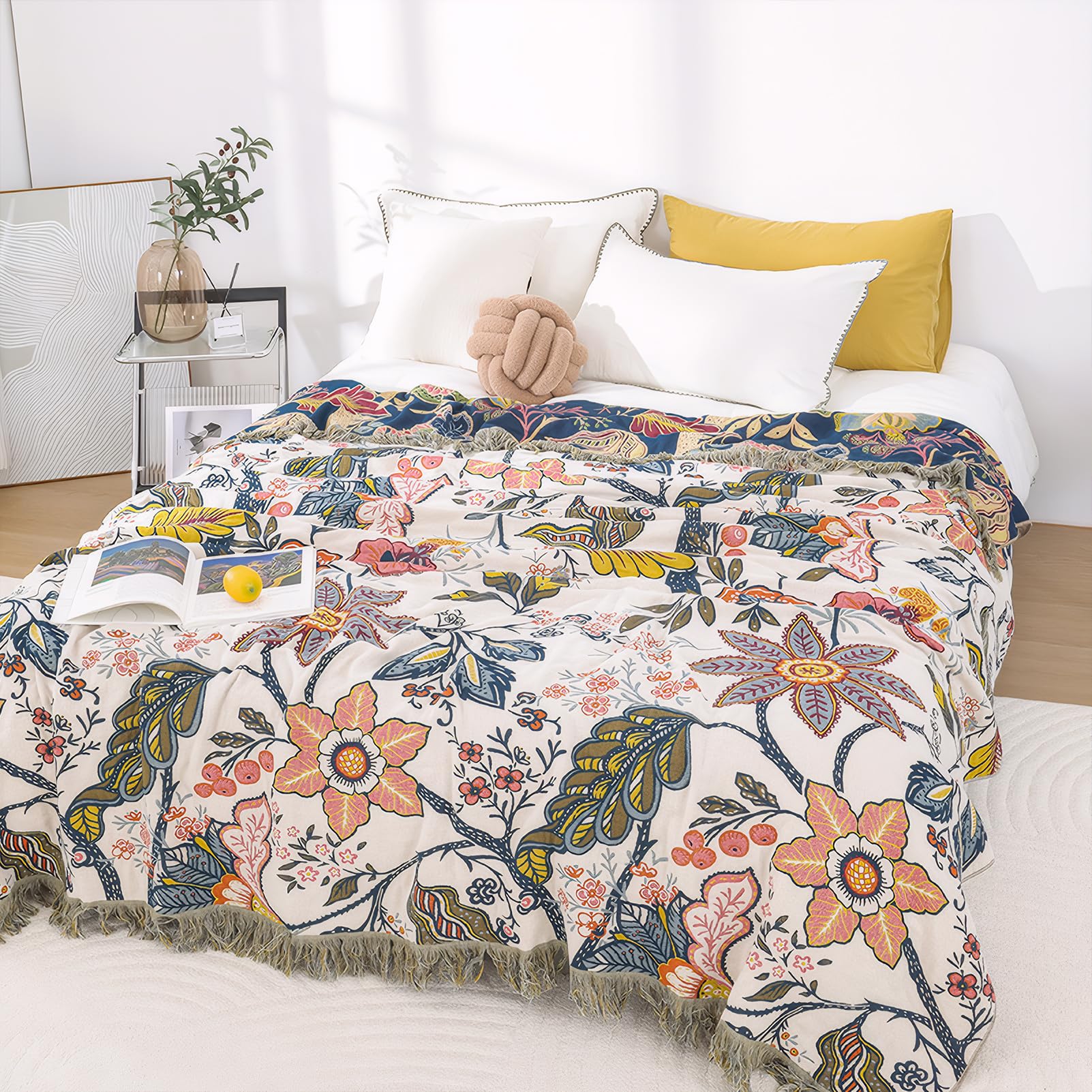 Snycler Boho Throw Blanket for Bed, 100% Organic Cotton Muslin Soft Throw-Floral Farmhouse Rustic Spring Summer Fall Decor Blanket for Couch Sofa