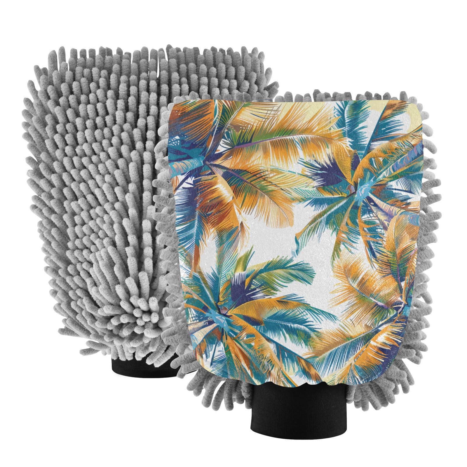IOACIY Absorbent Microfiber Car Wash Drying Mitts, 2 Pack, Scratch-Free & Lint-Free, Rich Foam, Highly Absorbent, Double Sided, Wash Mitt Perfect for Car Washing, M, Palm Tree (3)