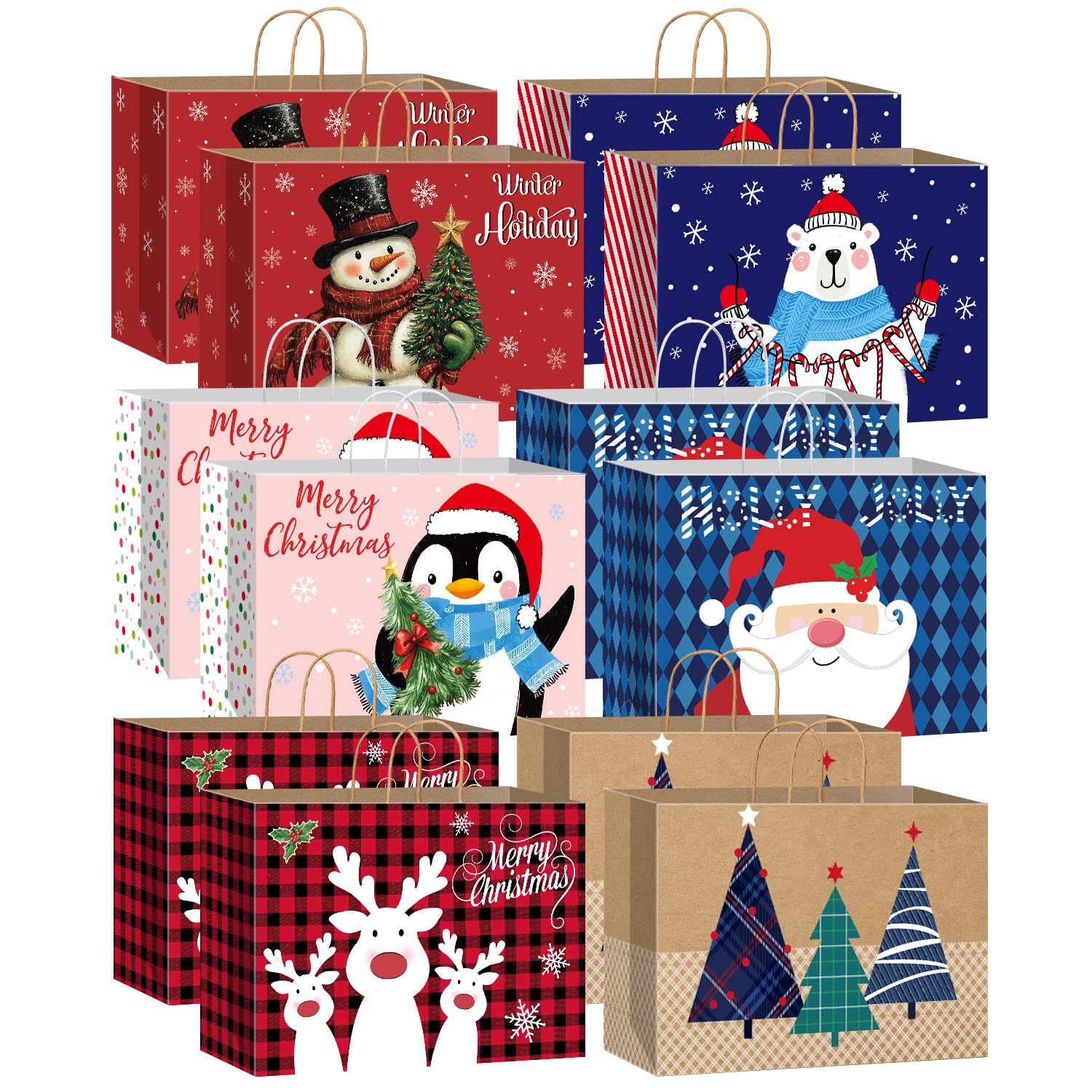 Photo 1 of 12 Pack 17" Extra Large Christmas Paper Bags Bulk with Handles, Kraft Christmas Gift Bags with 6 Designs, Holiday Gift Bags for Wrapping Jumbo Xmas Presents17 x 12.5 x 7 inches (12 Extra Large)