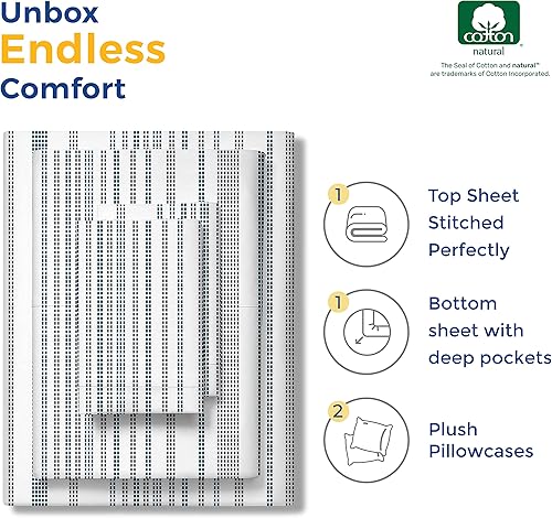 Miniatura 3 de THREAD SPREAD Sábanas 100% algodón estampadas, 600 hilos, juego de sábanas de 4 piezas con puntos azules y grises a rayas, sábanas de satén de lujo