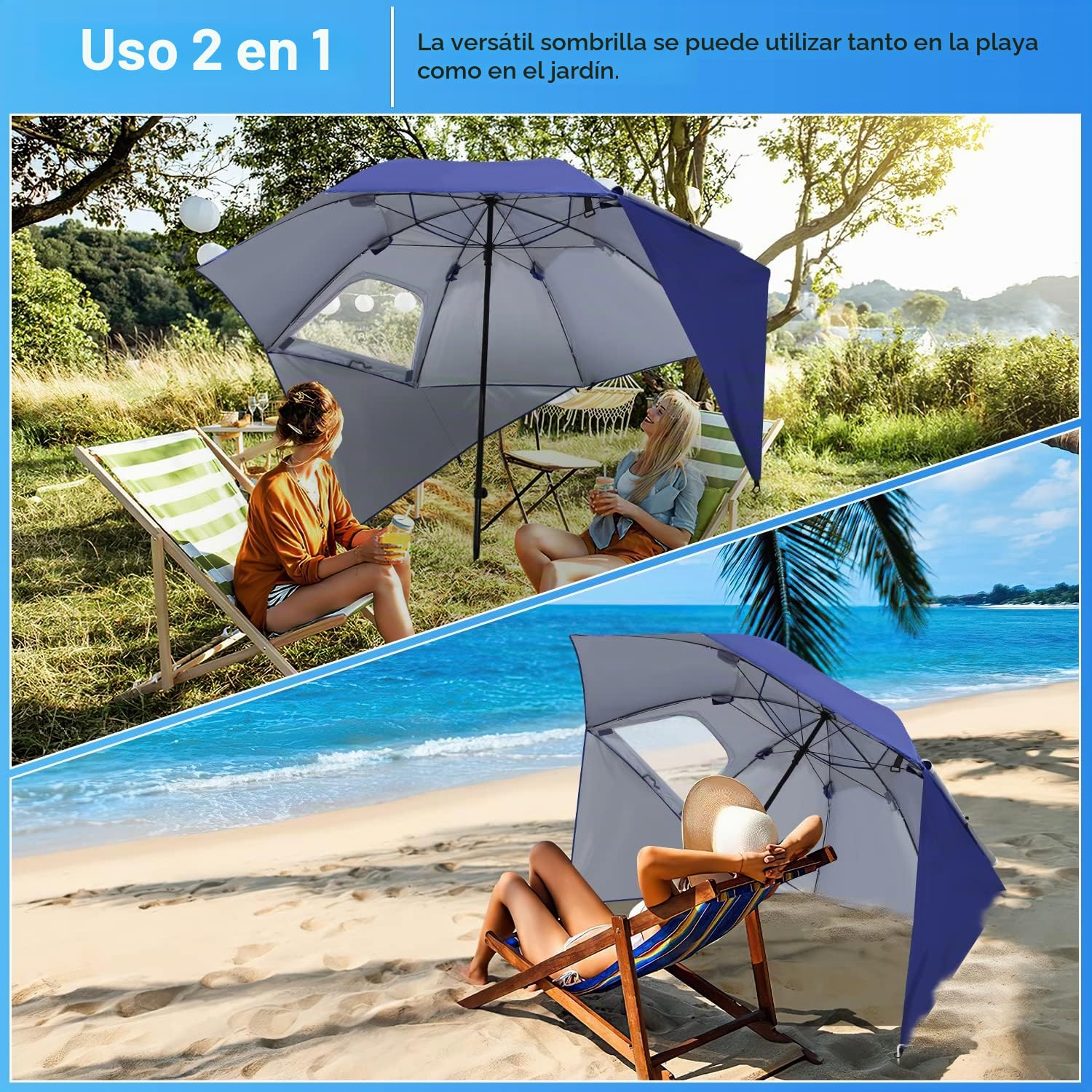 Daromigo Sombrilla 2 en 1 semáforo de aluminio paraguas protección solar protección UV 50, 210 x 220 cm concha de playa para playa jardín plegable multifuncional, con ventana y bolsa de transporte